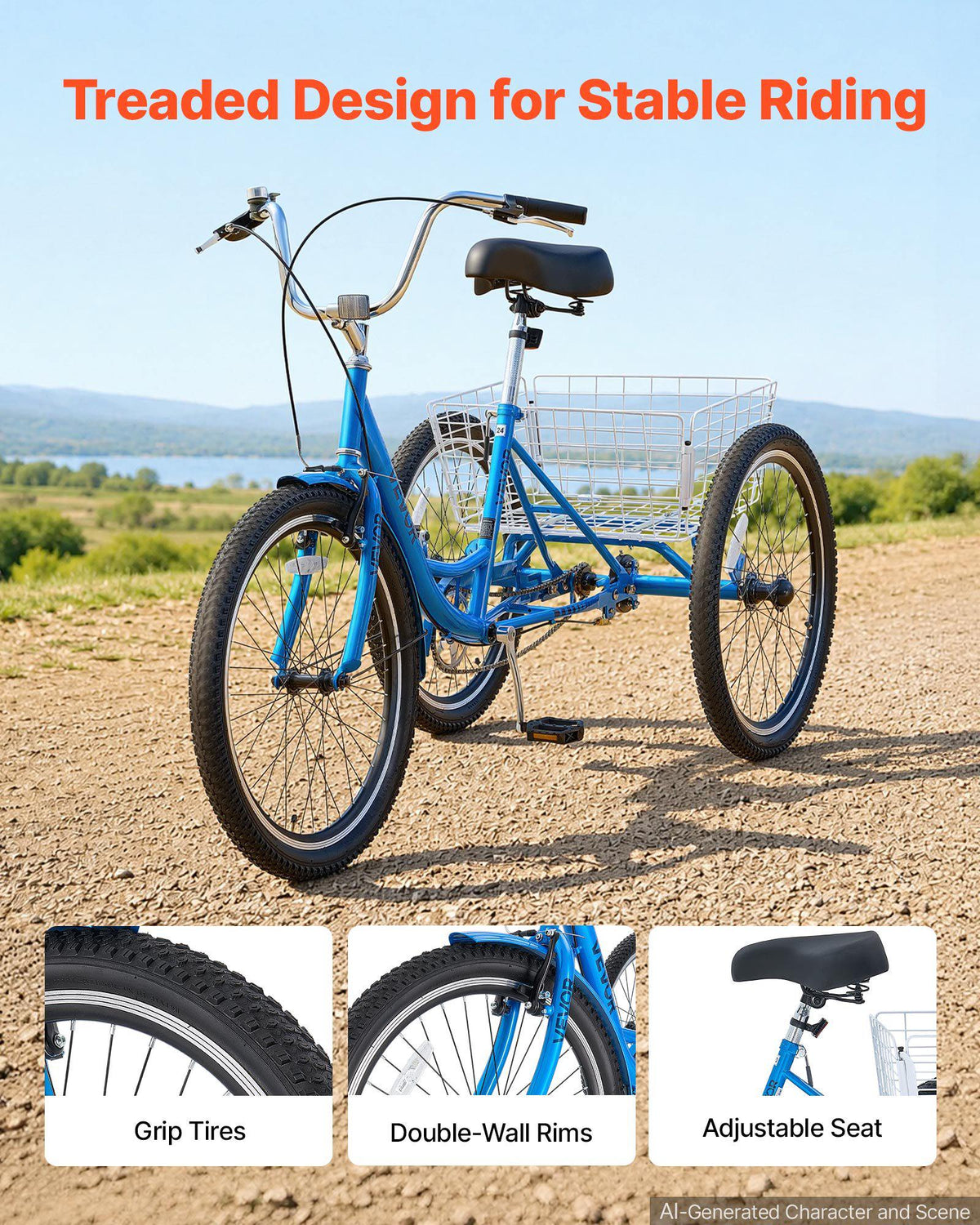 Adult Tricycle 24 inch Trike for Adult 3 Wheel Cruiser Bike, with Cargo Basket, Adjustable Seat, and Double-Wall Wheel Rims, Carbon Steel Shopping Picnic Tricycles for Women, Men, Seniors