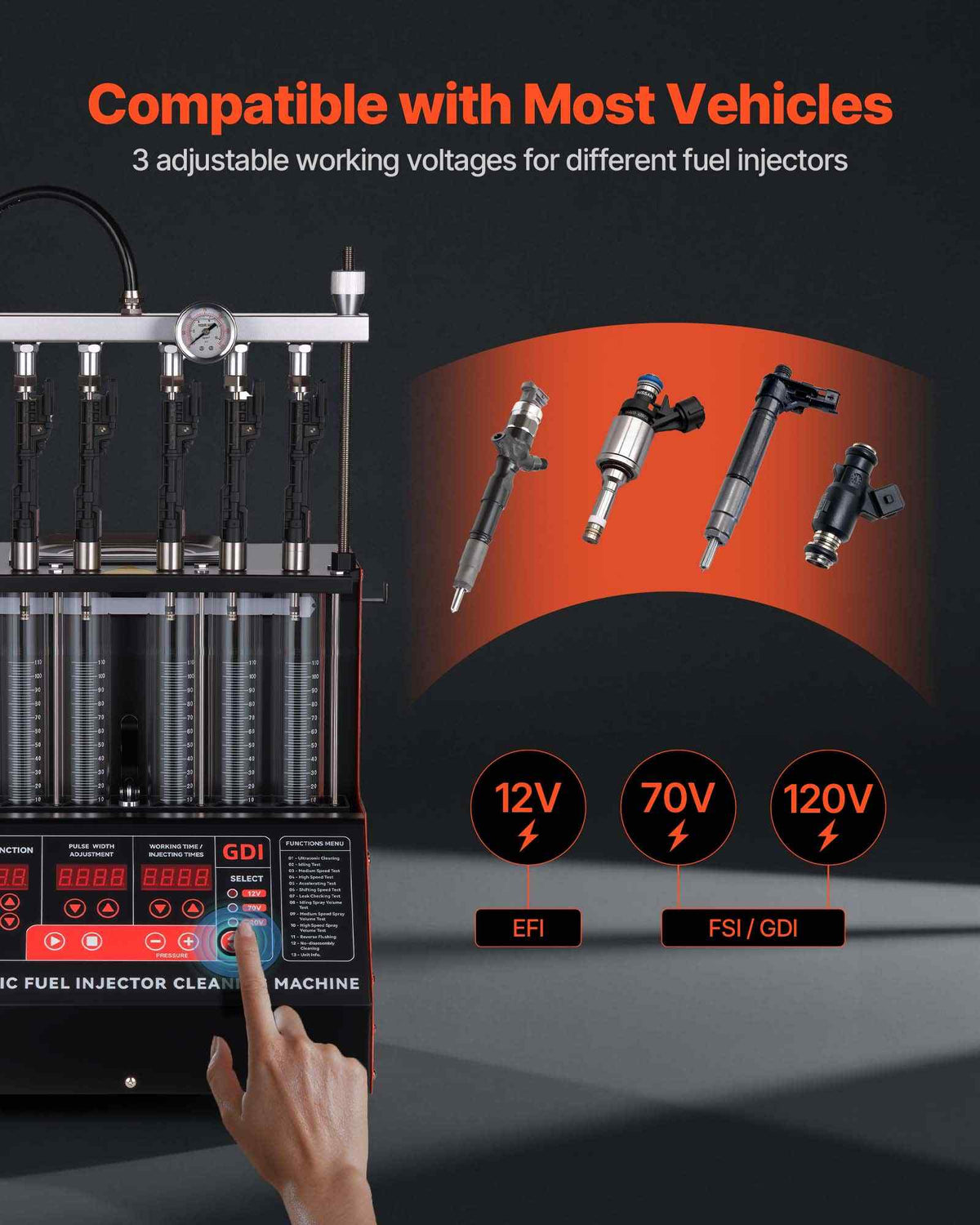 Fuel Injector Cleaner Tester, 9 Test Modes, 6-Cylinder 28kHz Ultrasonic Cleaning Machine Adjustable 12V/70V/120V for EFI/FSI/GDI, Injector Cleaner Machine with Drain Valve for Car & Motorcycle