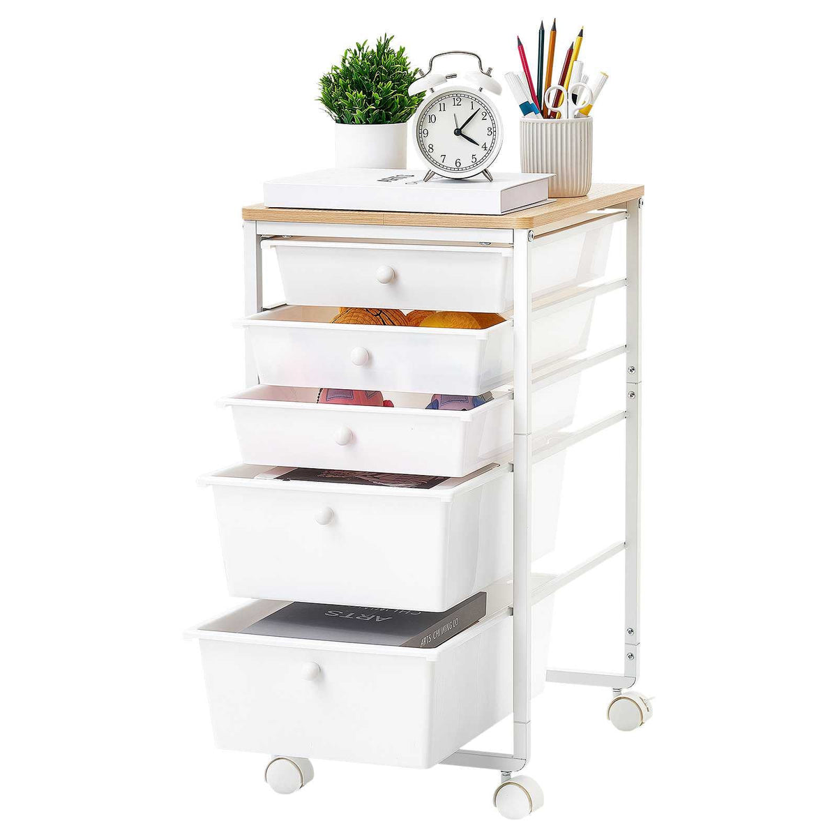 Rolling Cart with Drawers, 5 Drawer Storage Organizer, Mobile Utility Cart with Wood Top, Steel Frame, Universal Casters & 2 Brakes, for Office, Classroom, Craft Supplies, Bedroom, Makeup, White