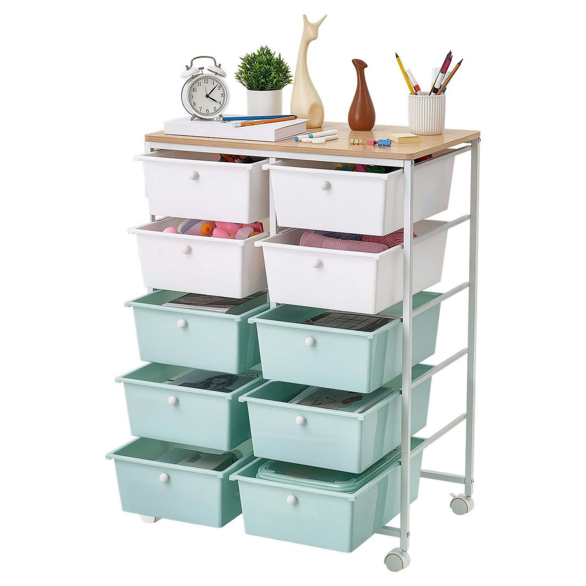Rolling Cart with Drawers, Double Row 10 Drawer Storage Organizer, Mobile Utility Cart, Wood Top, Steel Frame, Universal Casters & 2 Brakes, for Office, Classroom, Craft Room, Studio, Blue White
