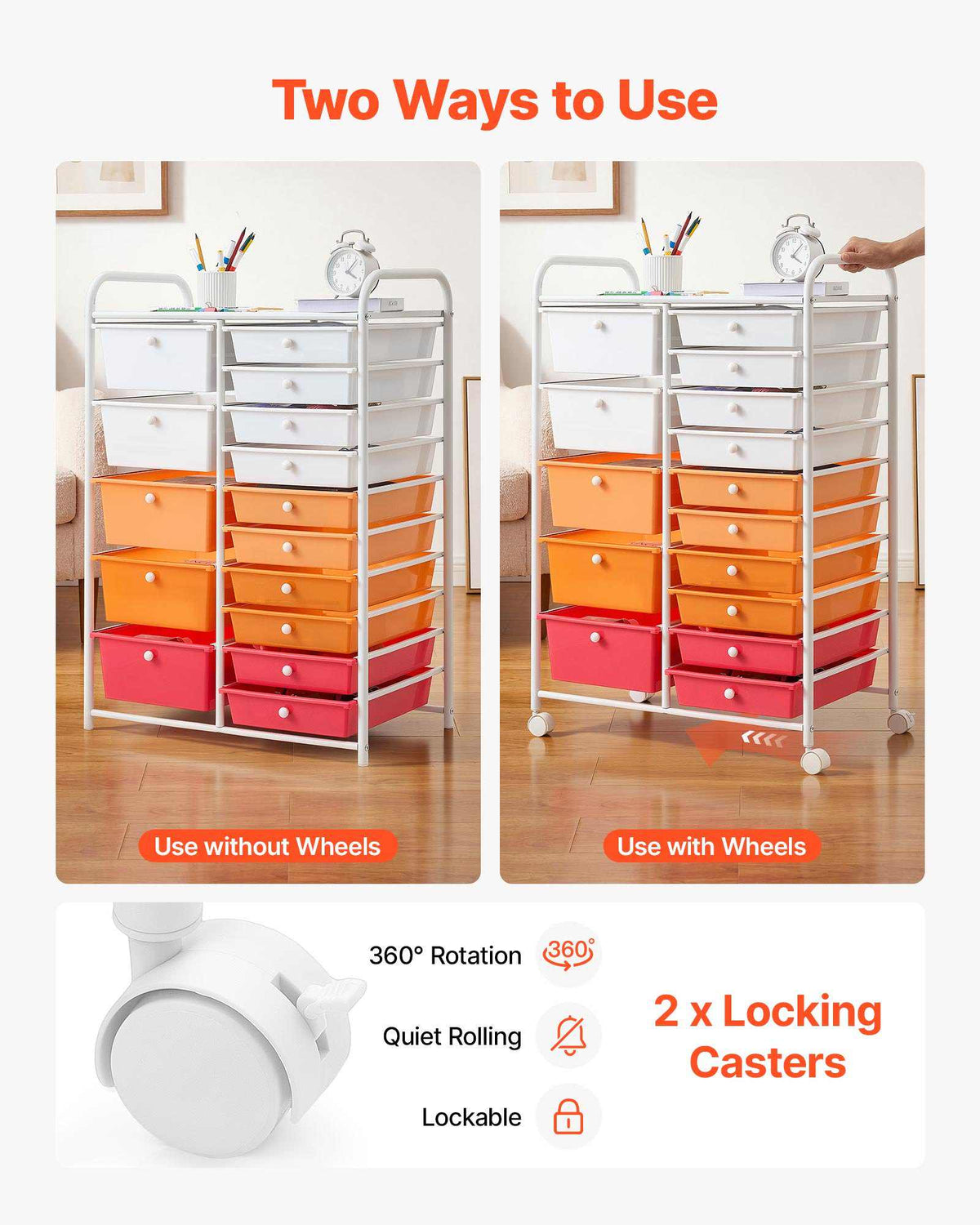 Rolling Cart with Drawers, Double Row 15 Drawer Storage Organizer, Mobile Utility Cart, Steel Frame, Universal Casters & 2 Brakes, for Office, Classroom, Craft Room, Studio, Garage, Gradient Red