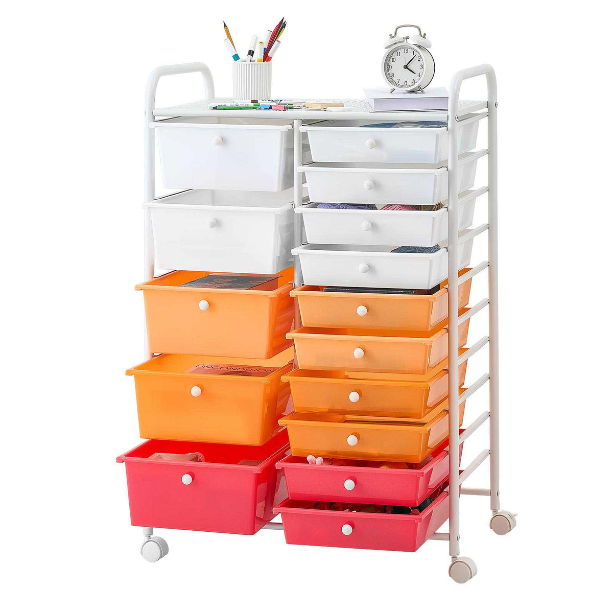 Rolling Cart with Drawers, Double Row 15 Drawer Storage Organizer, Mobile Utility Cart, Steel Frame, Universal Casters & 2 Brakes, for Office, Classroom, Craft Room, Studio, Garage, Gradient Red