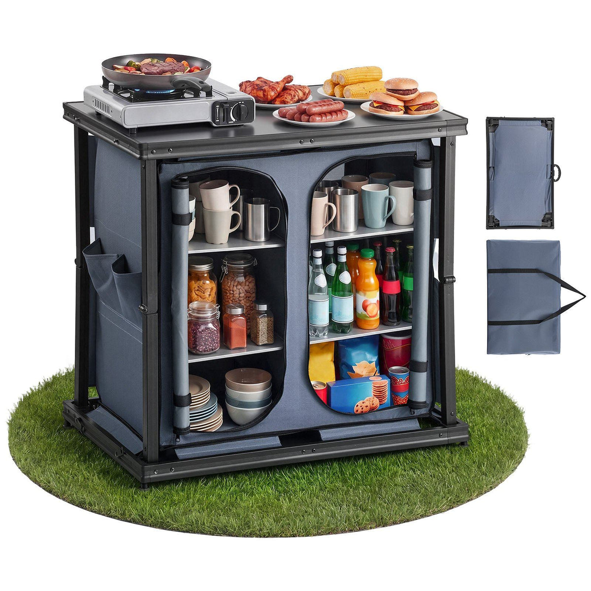 Folding Camping Storage Cabinet, Outdoor Portable Aluminum Lightweight Table, Quick Set-up Compact Kitchen Cook Station, with 6 Shelves and Carry Bag, for Picnic, BBQ, Camping, RV Traveling