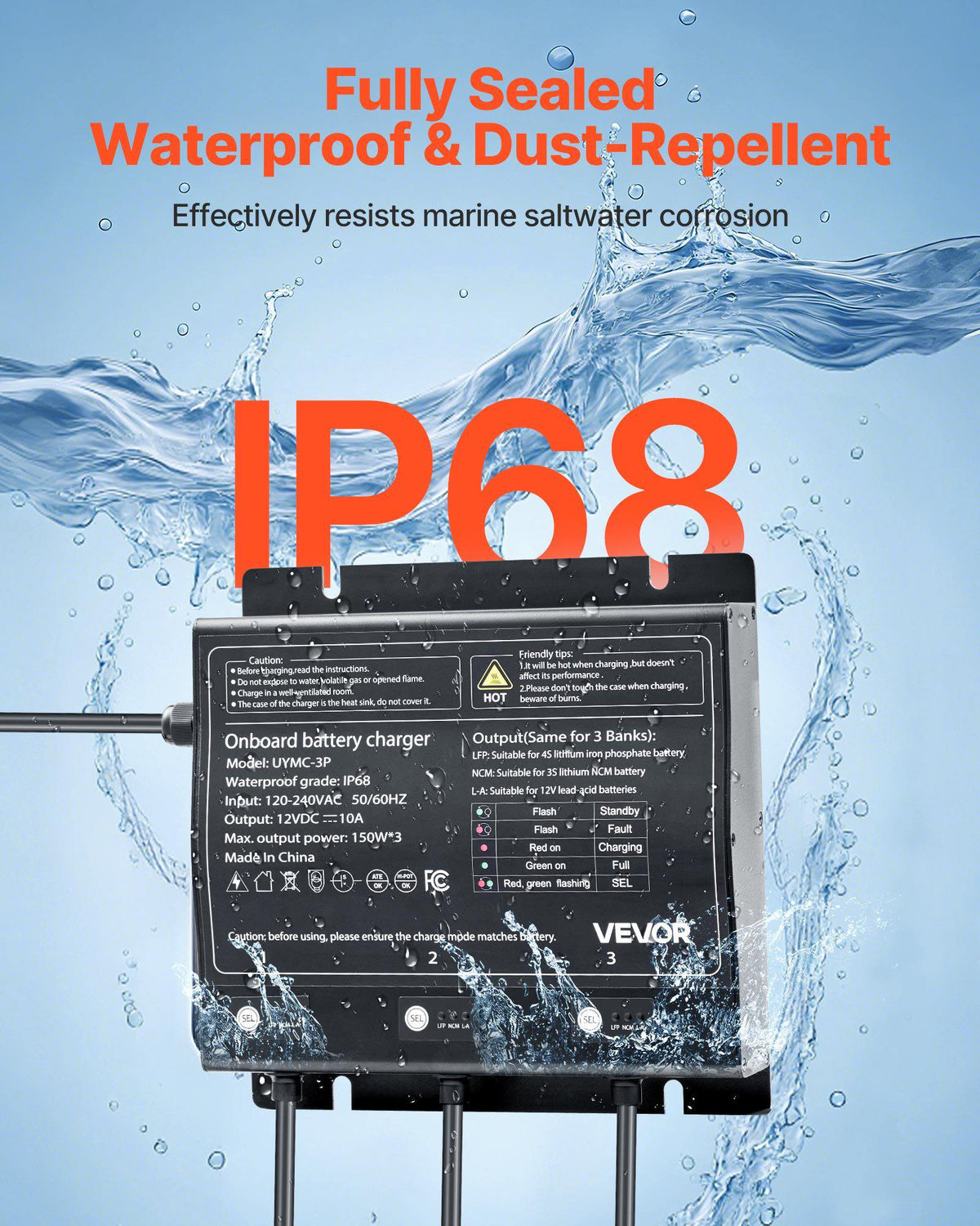 Marine Battery Charger, 3-Bank, 10A 12V Onboard Boat Charger, IP68 Waterproof Smart On-Board Battery Charger, for Lithium-Ion (LiFePO4), NCM, Lead-Acid Batteries, Large Boat, Yacht, RV, Trailer