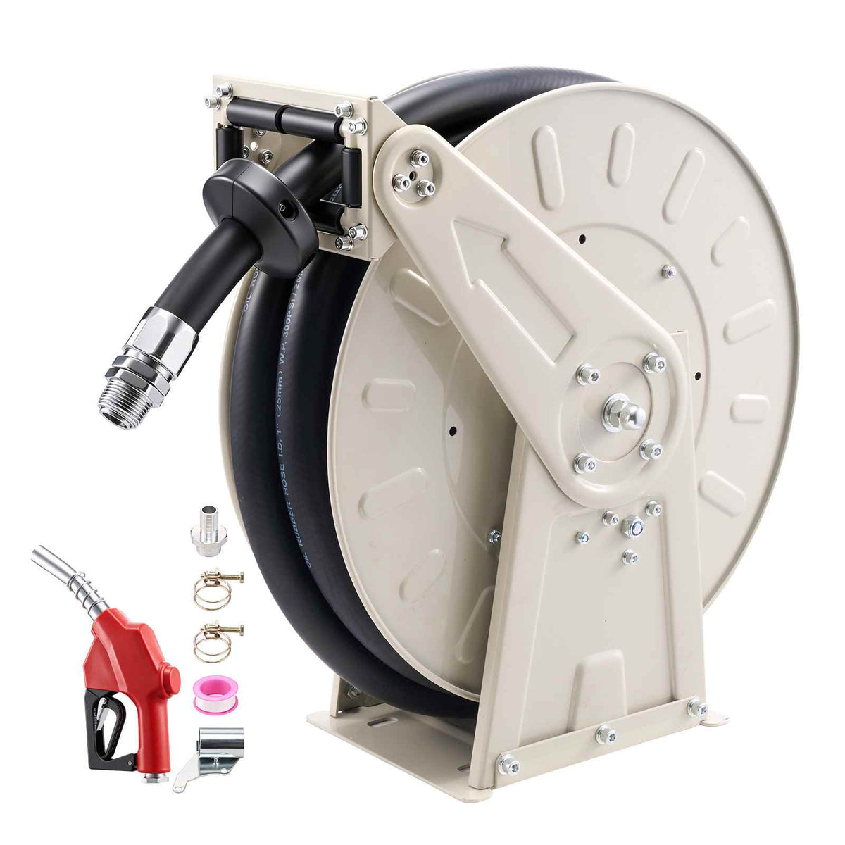 Fuel Hose Reel, 1 inch x 33 ft Retractable, Spring Driven Auto Swivel Rewind, 300 PSI, Heavy-Duty Carbon Steel Construction with Industrial Grade Rubber Hose, for Diesel Fuel, Kerosene