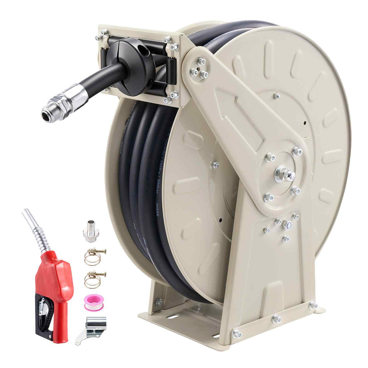 Fuel Hose Reel, 3/4 inch x 50 ft Retractable, Spring Driven Auto Swivel Rewind, 300 PSI, Heavy-Duty Carbon Steel Construction with Industrial Grade Rubber Hose, for Diesel Fuel, Kerosene