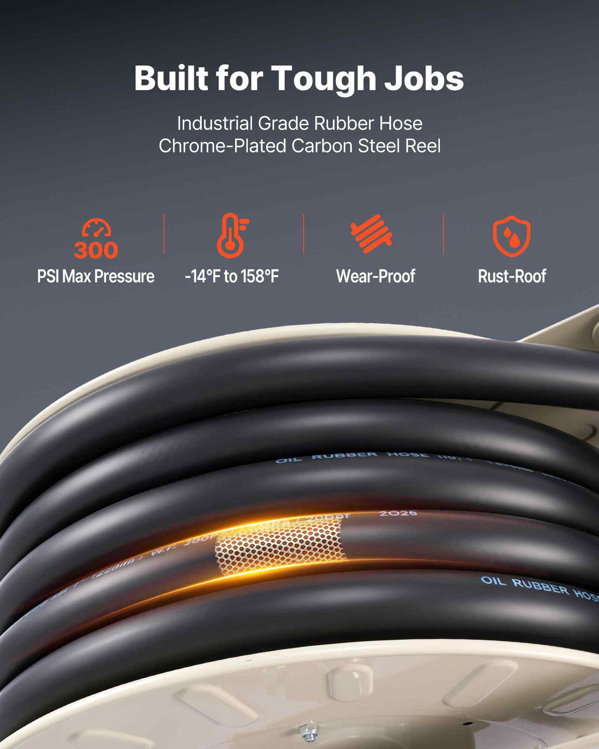 Fuel Hose Reel, 1 inch x 50 ft Retractable, Spring Driven Auto Swivel Rewind, 300 PSI, Heavy-Duty Carbon Steel Construction with Industrial Grade Rubber Hose, for Diesel Fuel, Kerosene
