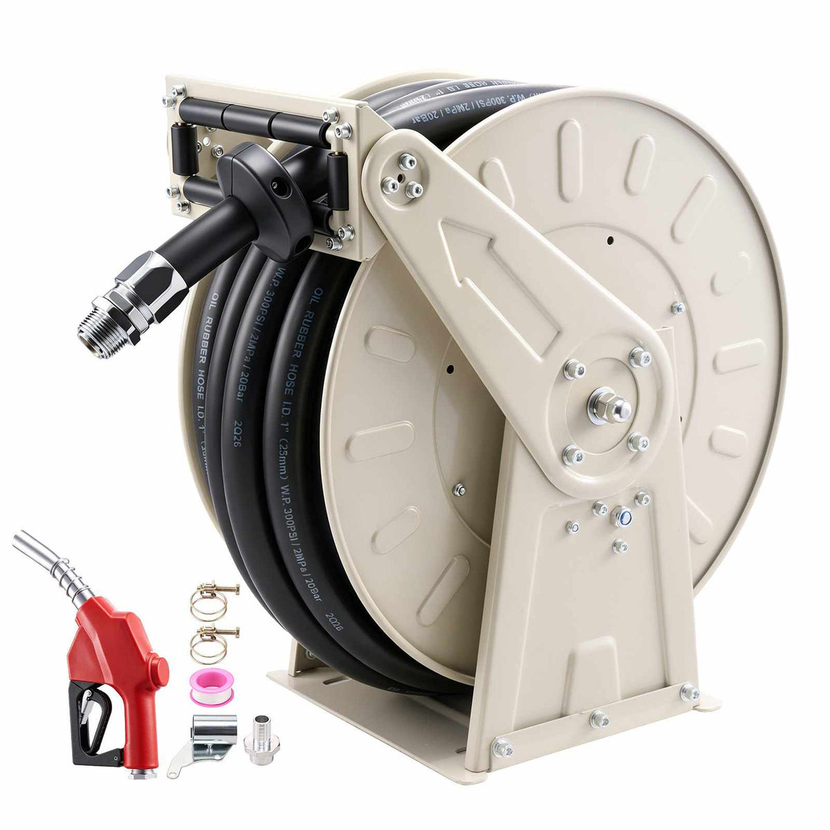 Fuel Hose Reel, 1 inch x 50 ft Retractable, Spring Driven Auto Swivel Rewind, 300 PSI, Heavy-Duty Carbon Steel Construction with Industrial Grade Rubber Hose, for Diesel Fuel, Kerosene