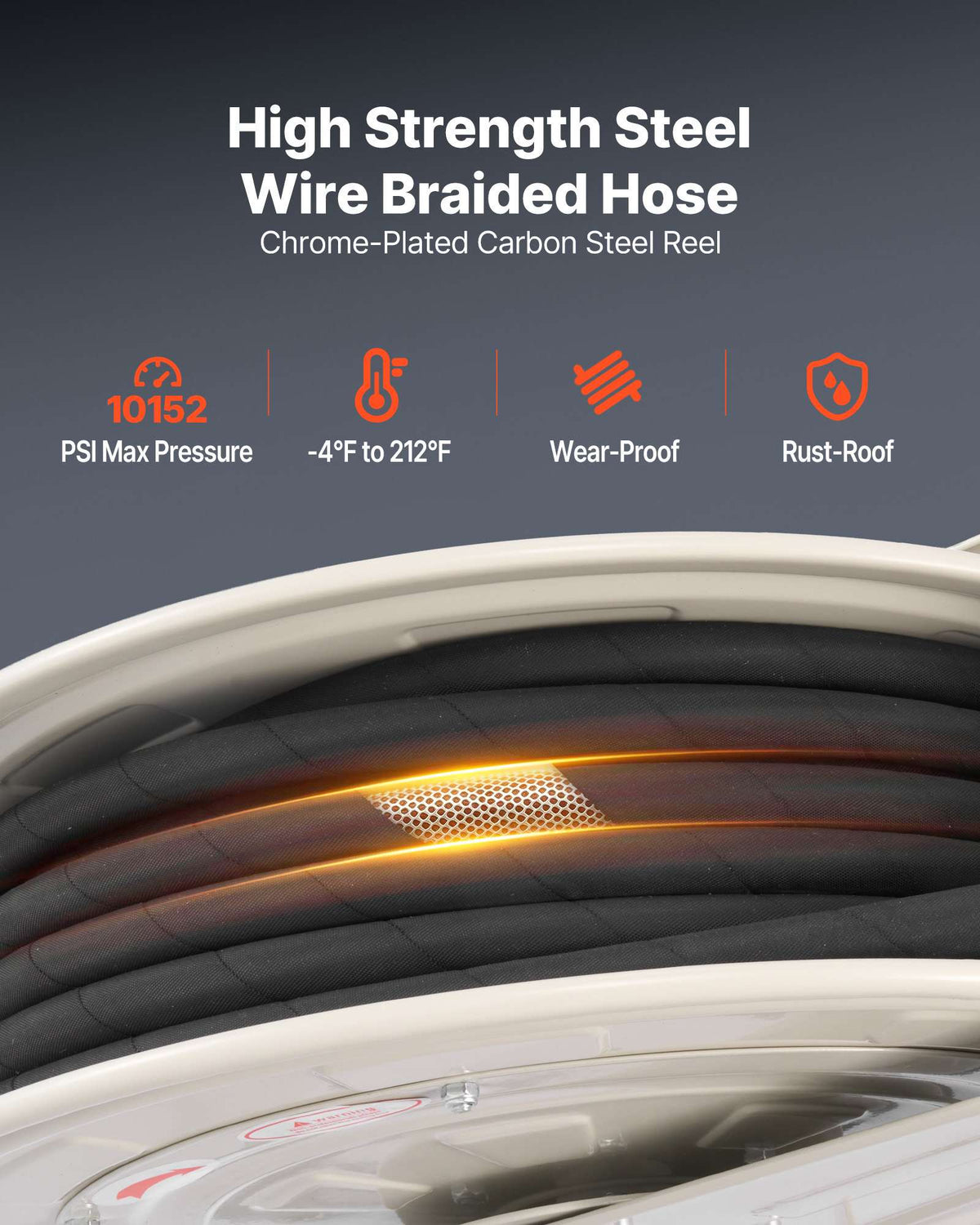 Grease Hose Reel, 1/4 in x 50 ft Retractable, Spring Driven Auto Swivel Rewind, Max 10152 PSI, Heavy-Duty Carbon Steel Construction with Steel Wire Braided Hose, for Lube, Grease, Hydraulic Oil