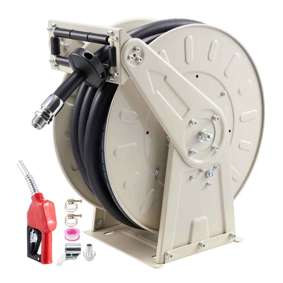 Fuel Hose Reel, 3/4 inch x 66 ft Retractable, Spring Driven Auto Swivel Rewind, 300 PSI, Heavy-Duty Carbon Steel Construction with Industrial Grade Rubber Hose, for Diesel Fuel, Kerosene