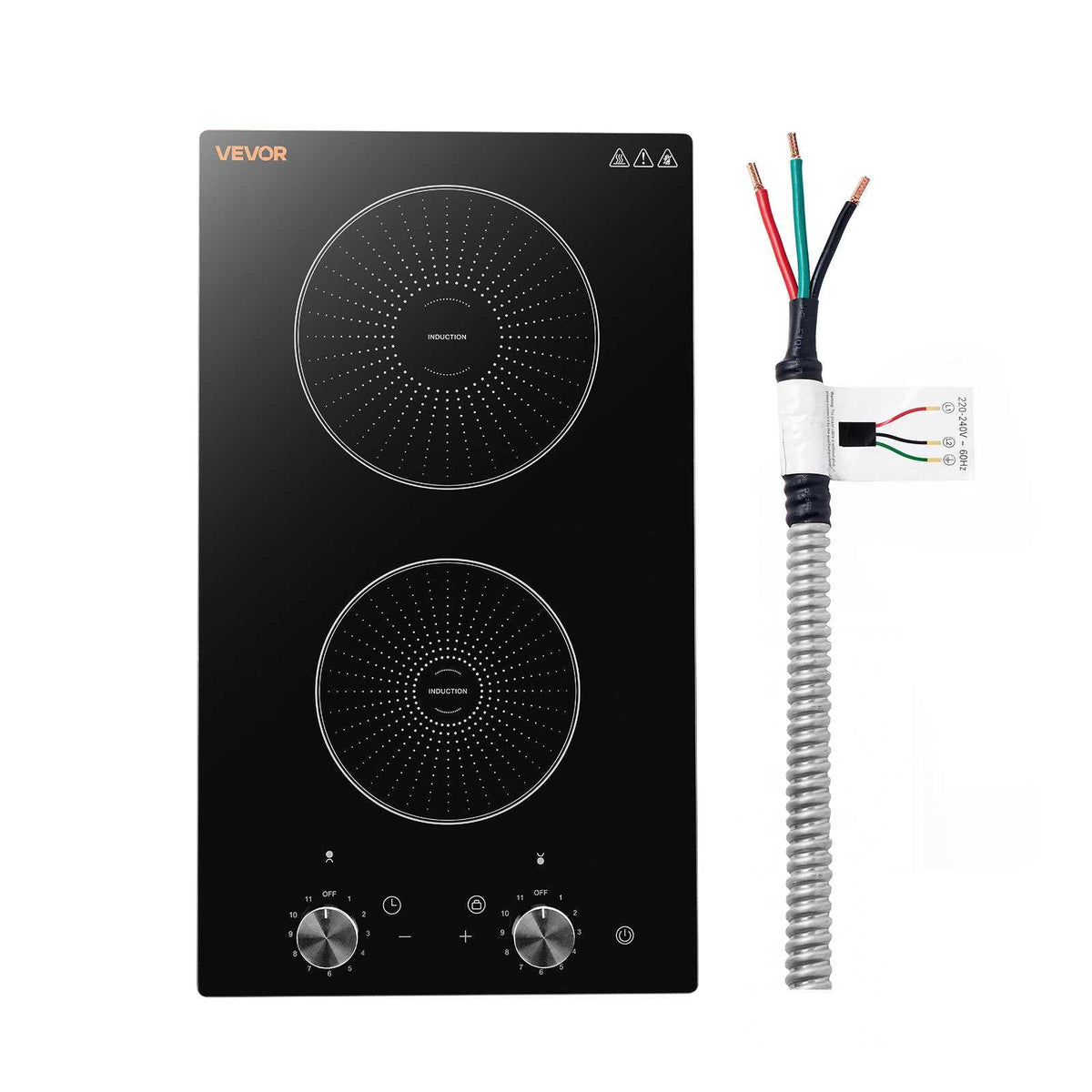 Induction Cooktop 12in 2 Burners Built-in Electric Stove 220V 3500W, Low-Power Continuous Heating, Induction Burner for Kitchen, 11 Power Levels, Knob Control, Ceramic Glass, and Child Lock