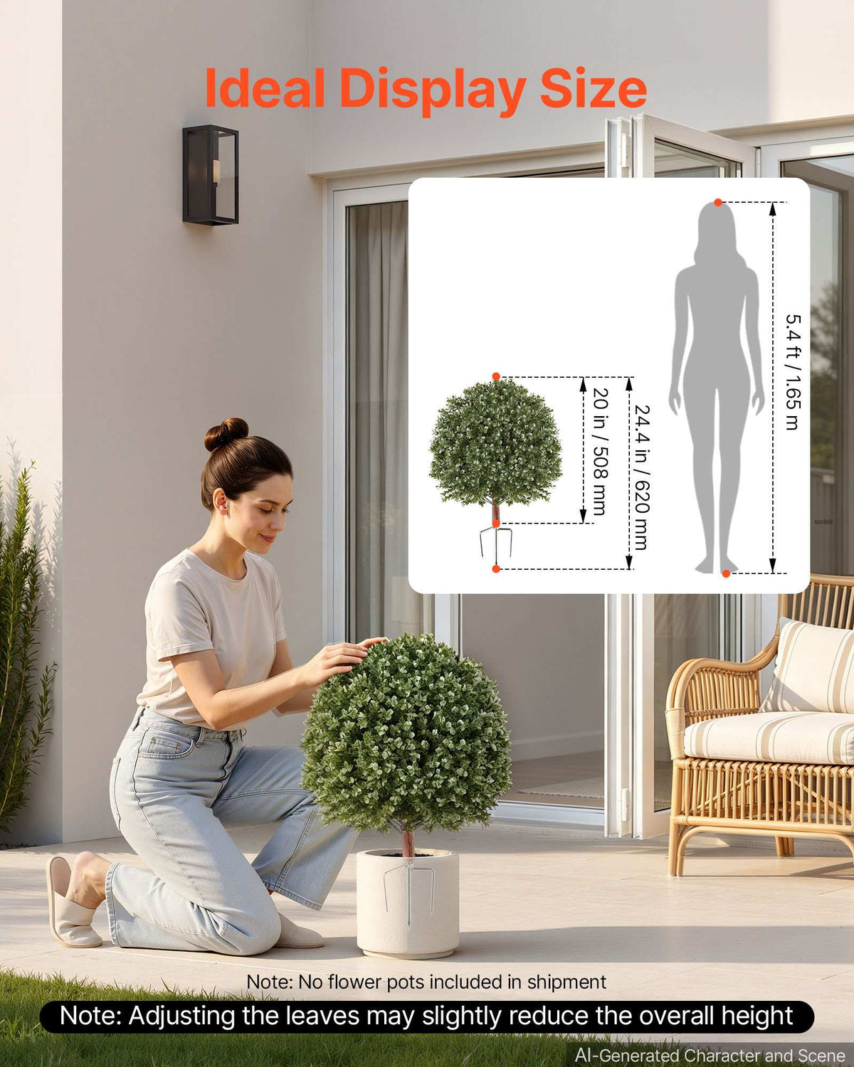 Artificial Topiary Ball Boxwood Bush 20 in Set of 2 Green Fake Shrubs, PE Faux Trees with Metal Ground Spikes, Indoor & Outdoor Plant for Front Door, Entryway, Porch, Balcony, Patio, Garden