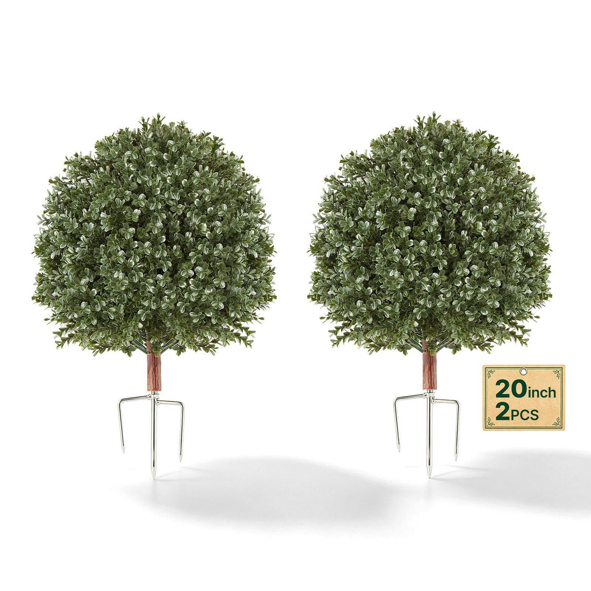 Artificial Topiary Ball Boxwood Bush 20 in Set of 2 Green Fake Shrubs, PE Faux Trees with Metal Ground Spikes, Indoor & Outdoor Plant for Front Door, Entryway, Porch, Balcony, Patio, Garden