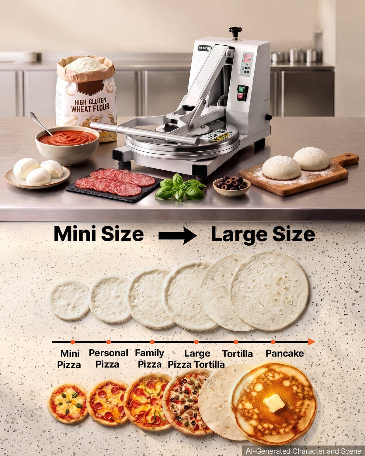 Commercial Pizza Dough Press Machine 18 in Electric Dough Sheeter, Ideal for Bakery Home Restaurant Use, 1200W Cast Aluminum Pastry Press Plate, Adjustable Thickness Bread Forming Presser