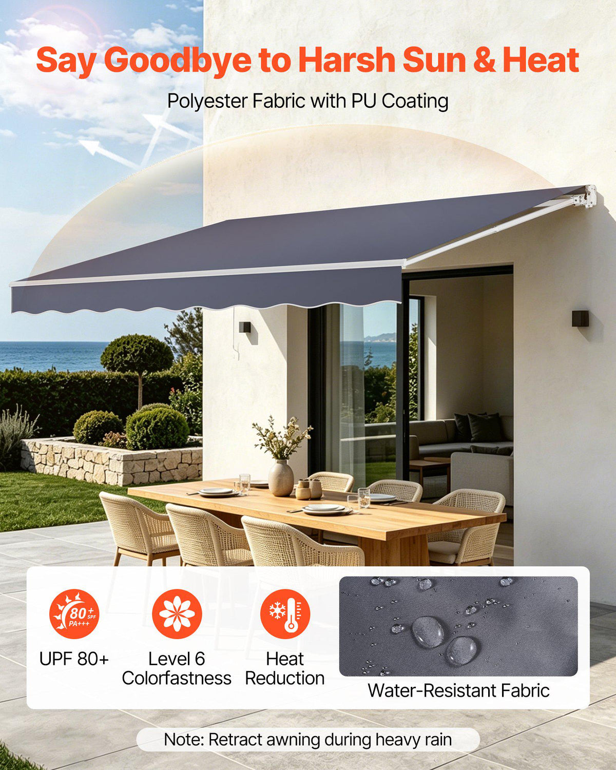 Electric Retractable Awning, 14.1' x 9.8' Motorized Patio Awning, Sunshade Shelter with Remote Controller & Manual Crank Handle, Waterproof Polyester Fabric for Outdoor Deck, Balcony, Yard, Gray