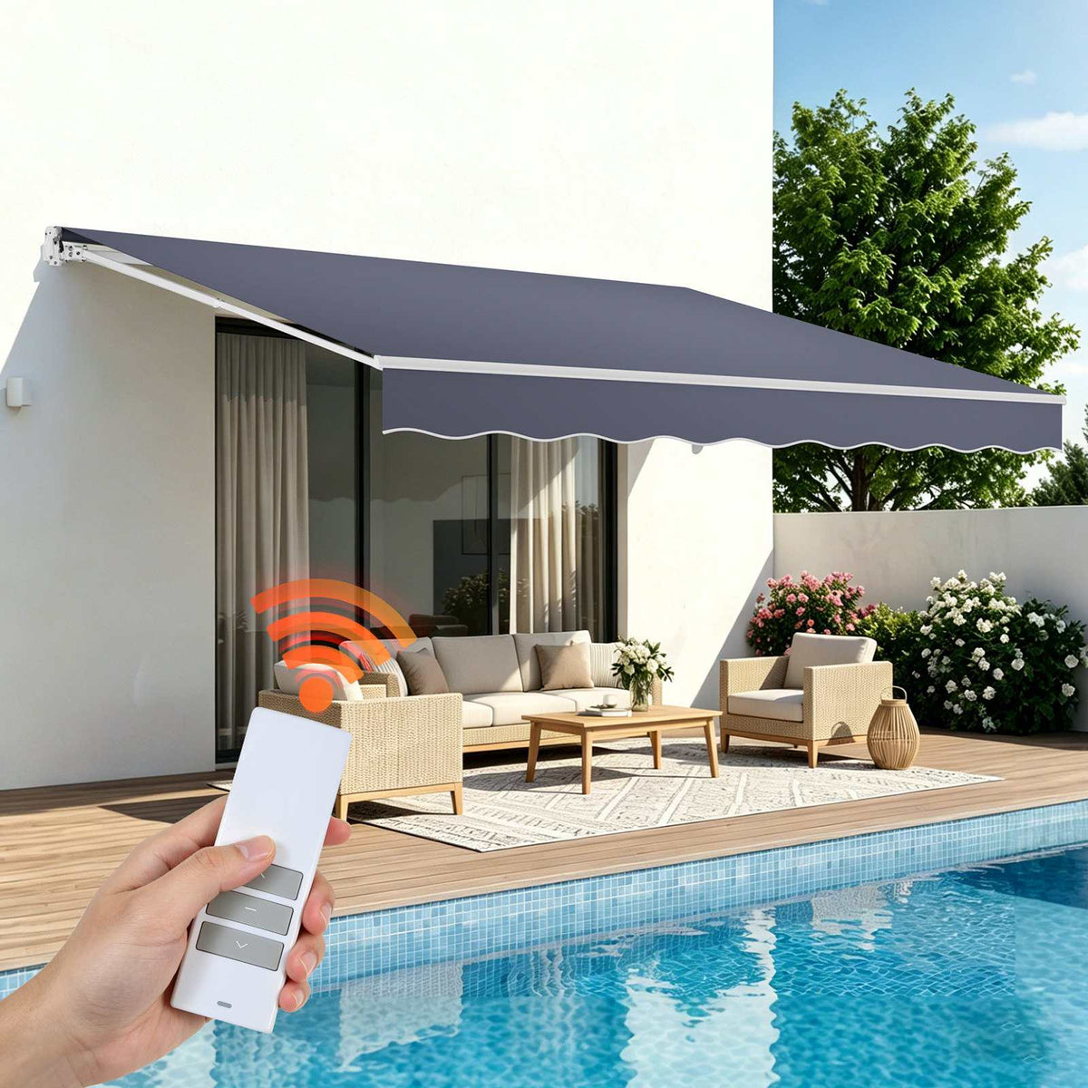 Electric Retractable Awning, 14.1' x 9.8' Motorized Patio Awning, Sunshade Shelter with Remote Controller & Manual Crank Handle, Waterproof Polyester Fabric for Outdoor Deck, Balcony, Yard, Gray