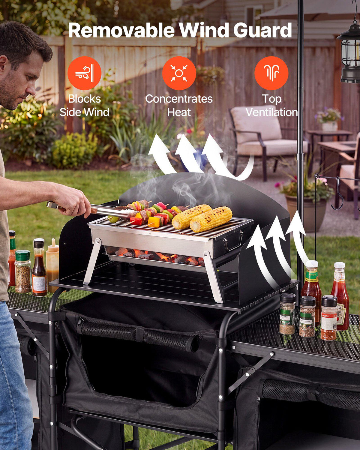 Folding Camping Table, Outdoor Portable Table, Quick Set-up Kitchen Cook Station, with Storage Organizer, Telescoping Legs, a Detachable Windscreen, Carrying Bag, for Picnic BBQ RV Traveling