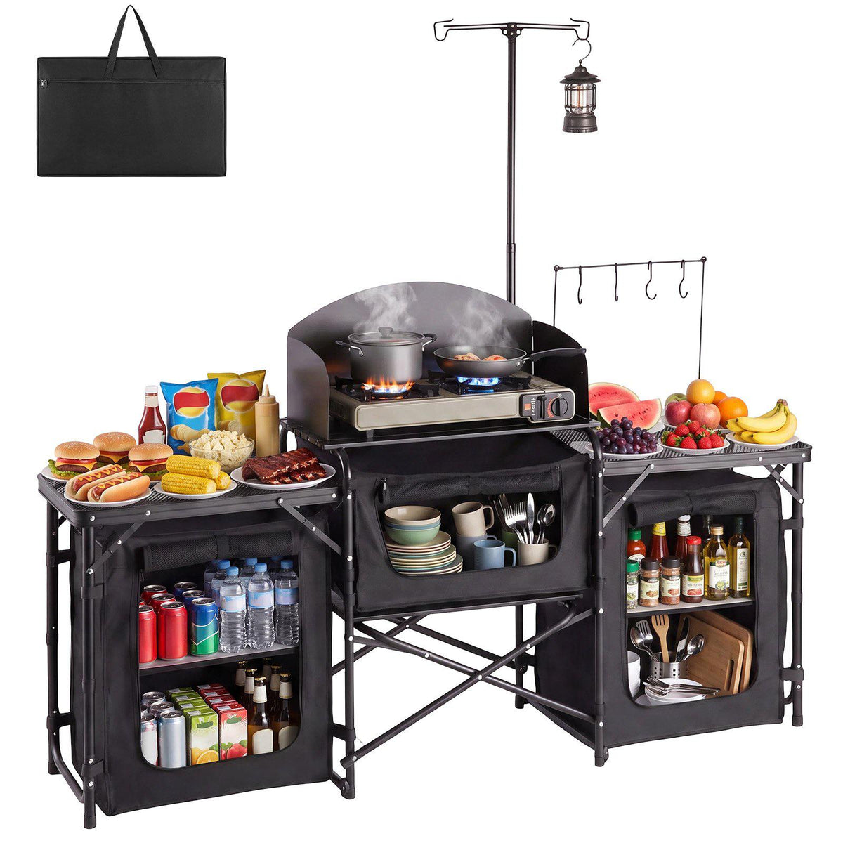Folding Camping Table, Outdoor Portable Table, Quick Set-up Kitchen Cook Station, with Storage Organizer, Telescoping Legs, a Detachable Windscreen, Carrying Bag, for Picnic BBQ RV Traveling