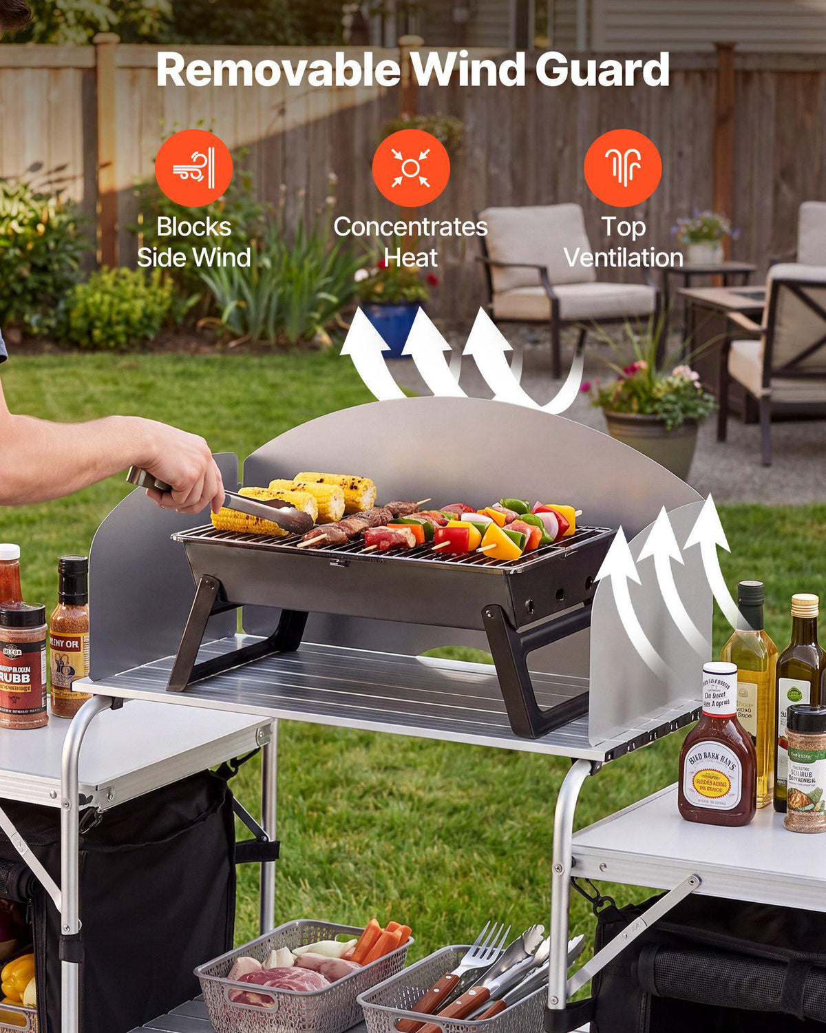 Folding Camping Table, Outdoor Portable Aluminum Lightweight Table, Quick Set-up Kitchen Cook Station, with Storage Organizer, Detachable Windscreen, Carrying Bag, Ideal for Picnic BBQ Traveling