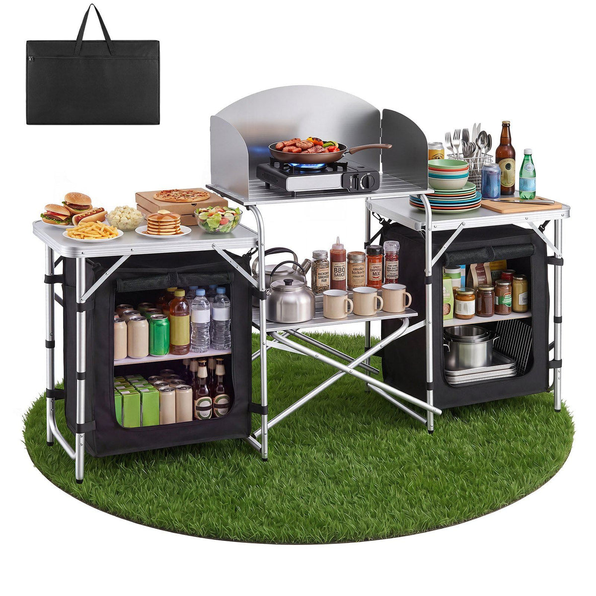 Folding Camping Table, Outdoor Portable Aluminum Lightweight Table, Quick Set-up Kitchen Cook Station, with Storage Organizer, Detachable Windscreen, Carrying Bag, Ideal for Picnic BBQ Traveling