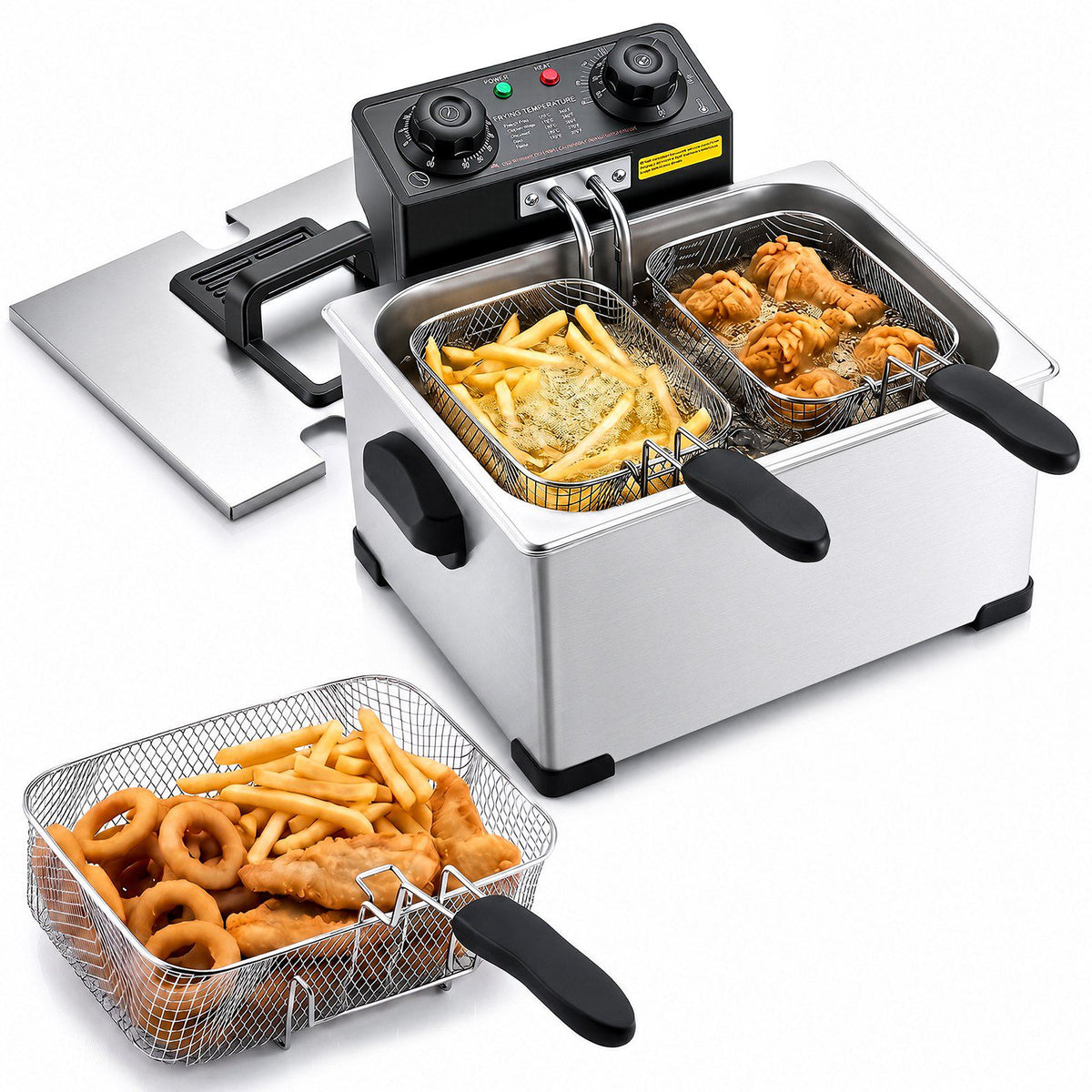 Commercial Electric Deep Fryer, 9.51 Qt, 1700W Stainless Steel Countertop Fryer with Large & Small Baskets, Overheat Protection, Temp Control, Timer, Detachable for Home Restaurant Use, Silver