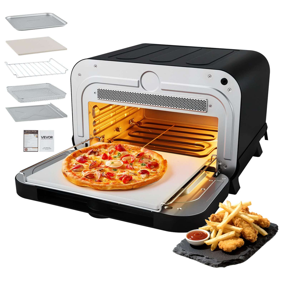 Pizza Oven, 8 Presets Electric Pizza Ovens Air Fry Combo, 12-Inch Indoor Pizza Maker Smart Knob Control , 750°F Max Temp, IPX4 Waterproof Countertop Pizza Cooker w/Pizza Stone,Fry Basket