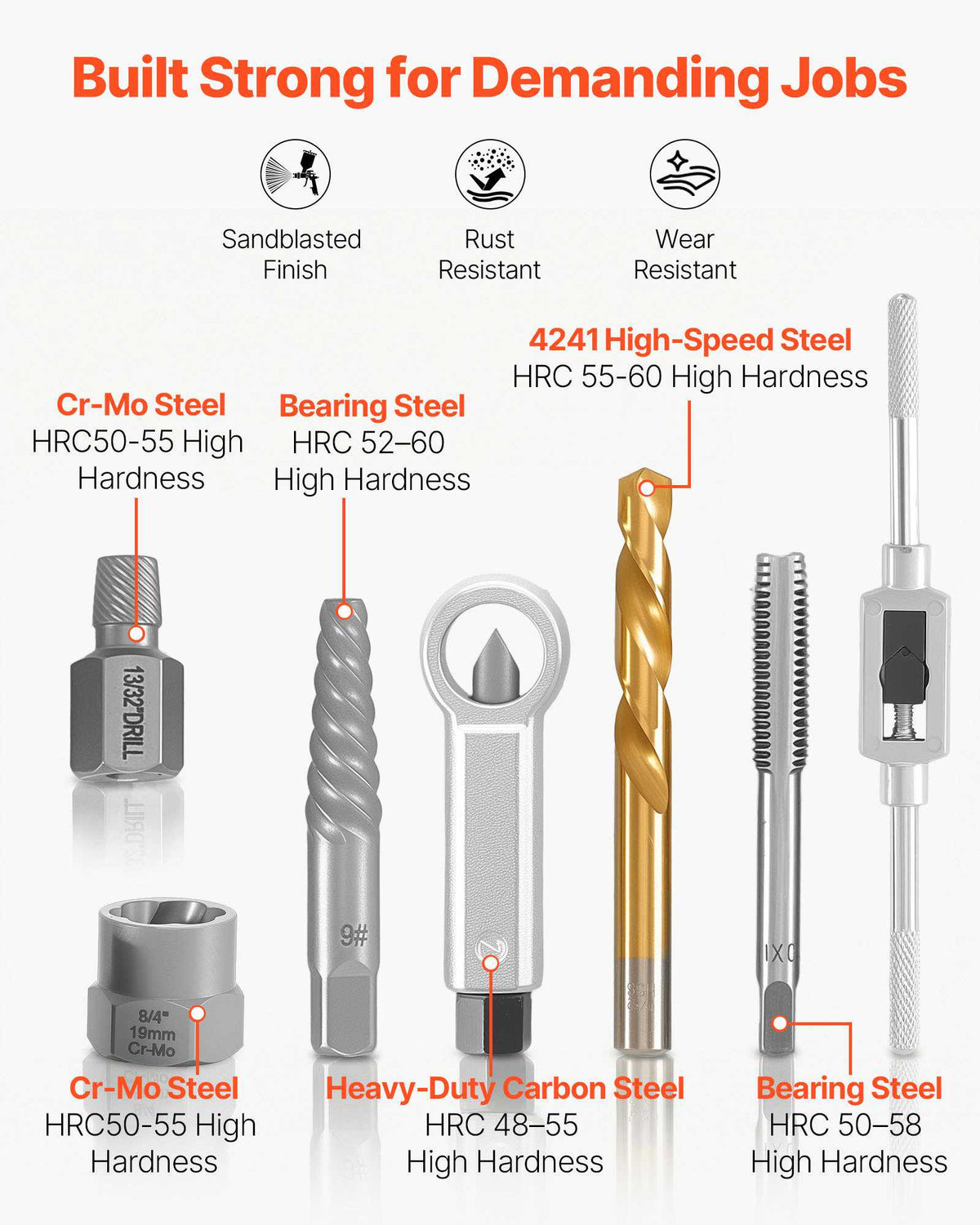 Screw Extractor Set, 63 Pieces, with Nut and Bolt Extractors, Nut Splitters, Taps, Drill Bits, Wrenches, Adapters, and Solid Storage Case, for Removing Rounded, Broken, or Stripped Fasteners