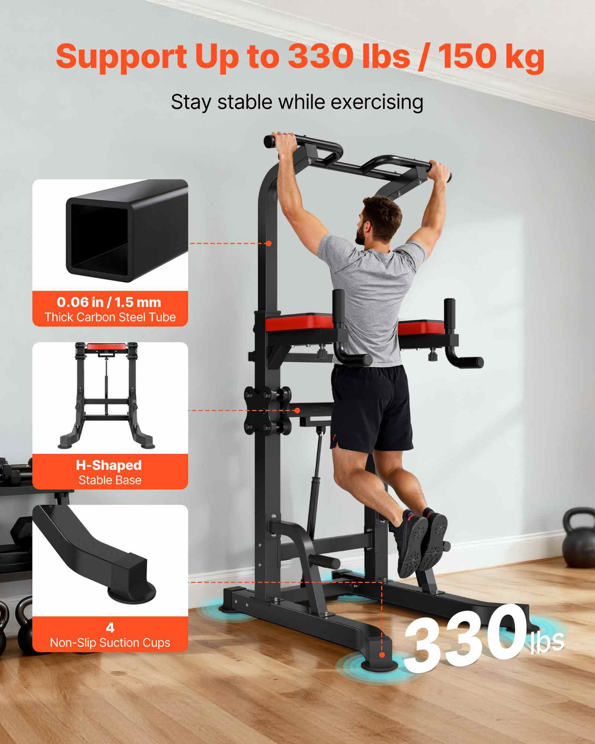 Pull Up Bar, 330 LBS Power Tower Dip Station, Workout Dip Station with H-Shaped Stable Base & Assistance Platform, Adjustable 9 Level Height Pullup Stand for Back, 3-Level Adjustable Elbow Pads