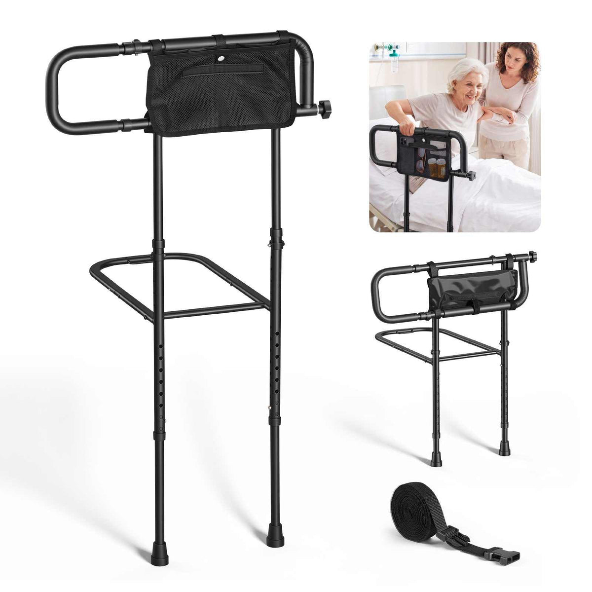 Bed Rails for Elderly Adults Folding Bed Side Rail with Floor Support, Length & Height Adjustable, 300LBS Strong Capacity, Bedside Assist Cane with Storage Pocket, Fits King Queen Full Twin Bed