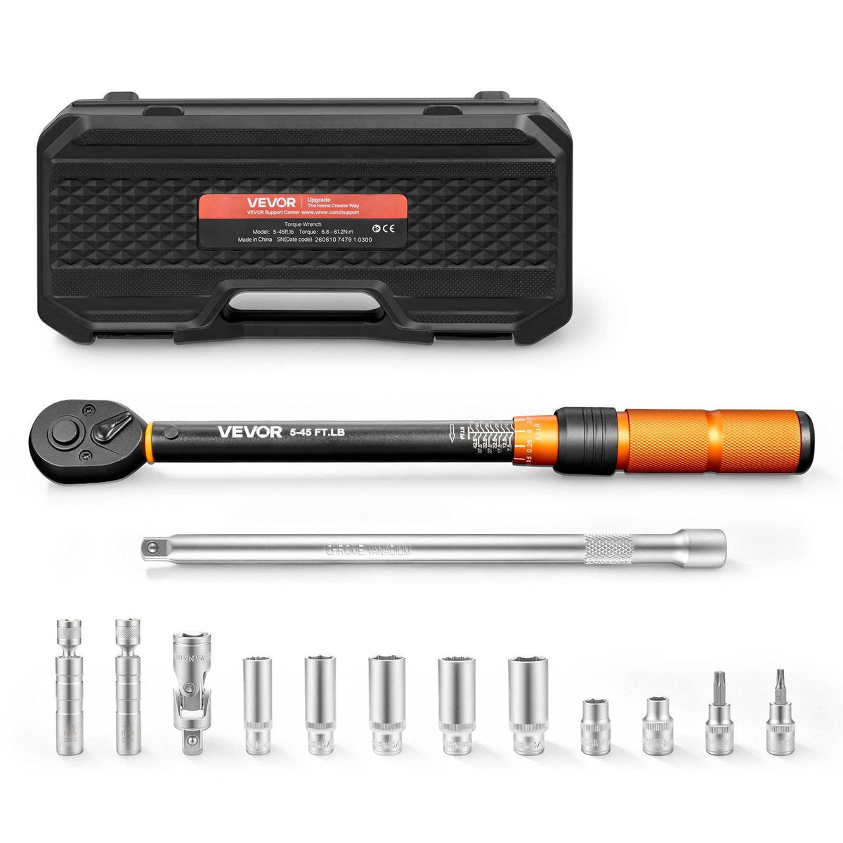 Torque Wrench 3/8-inch Drive Click Torque Wrench Dual Scale Readings, 5-45 lbf-ft / 6.8-61.2 N.m, ±3% High Precision, with Spark Plug Sockets, Bits, Universal Joint, Extension Bar, Storage Case