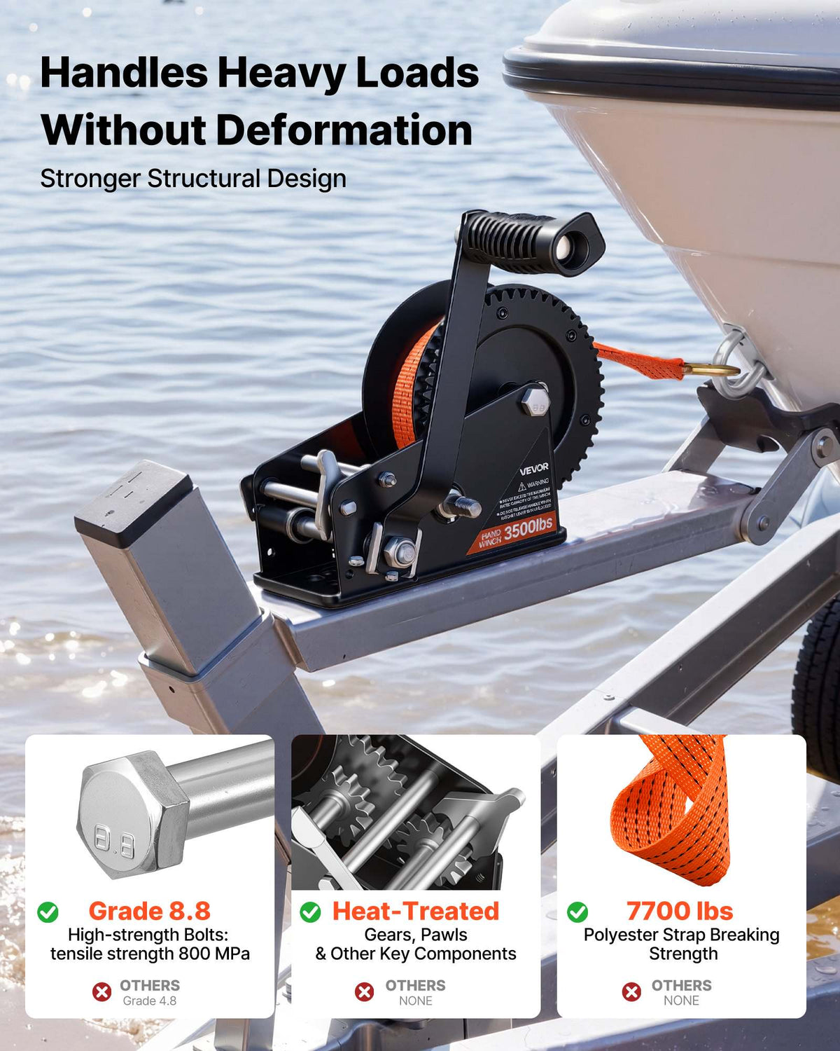 Boat Winch, 3500 lbs Hand Winch, Heavy Duty Manual Rope Crank with 20ft Orange Polyester Strap, Portable Two-Way Ratchet, 2 Speed Switchable, Anti-Slip Handle Gear for Boat Trailer ATV Towing