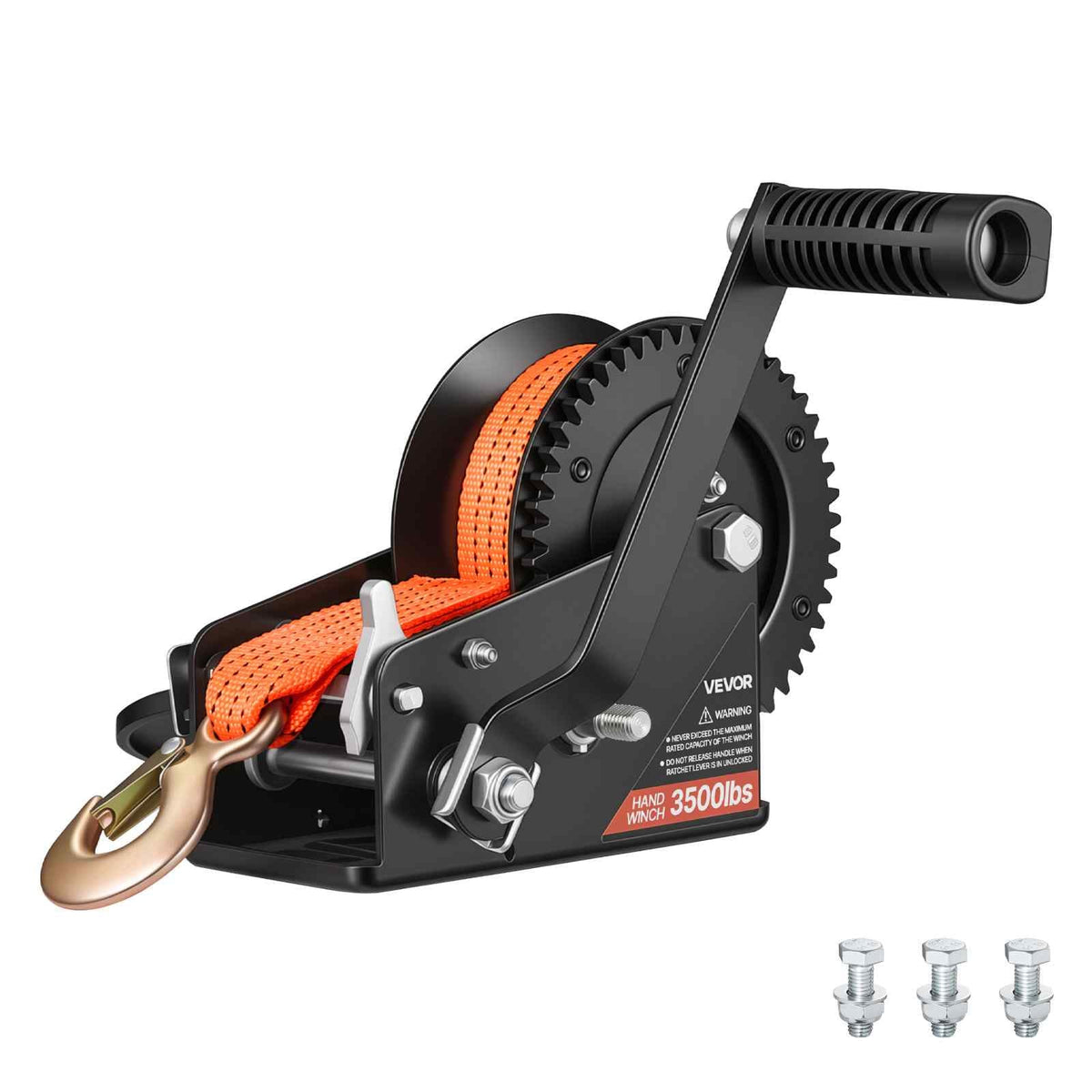 Boat Winch, 3500 lbs Hand Winch, Heavy Duty Manual Rope Crank with 20ft Orange Polyester Strap, Portable Two-Way Ratchet, 2 Speed Switchable, Anti-Slip Handle Gear for Boat Trailer ATV Towing