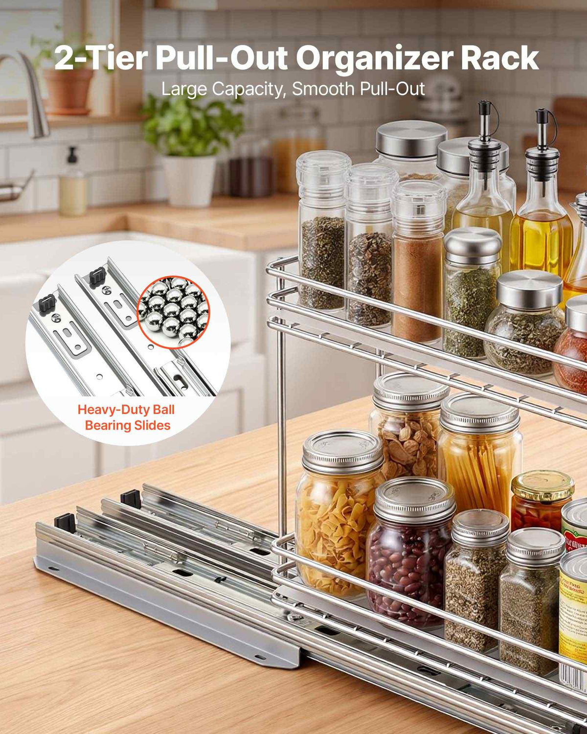 Pull Out Spice Rack Organizer for Cabinet, 2 Tier Slide Out Spice Rack Organizer, Heavy Duty Metal Seasoning Kitchen Basket for Inside Cabinets & Pantry Closet, 4.33"W x 8.46"D x 10.43"H, Silver