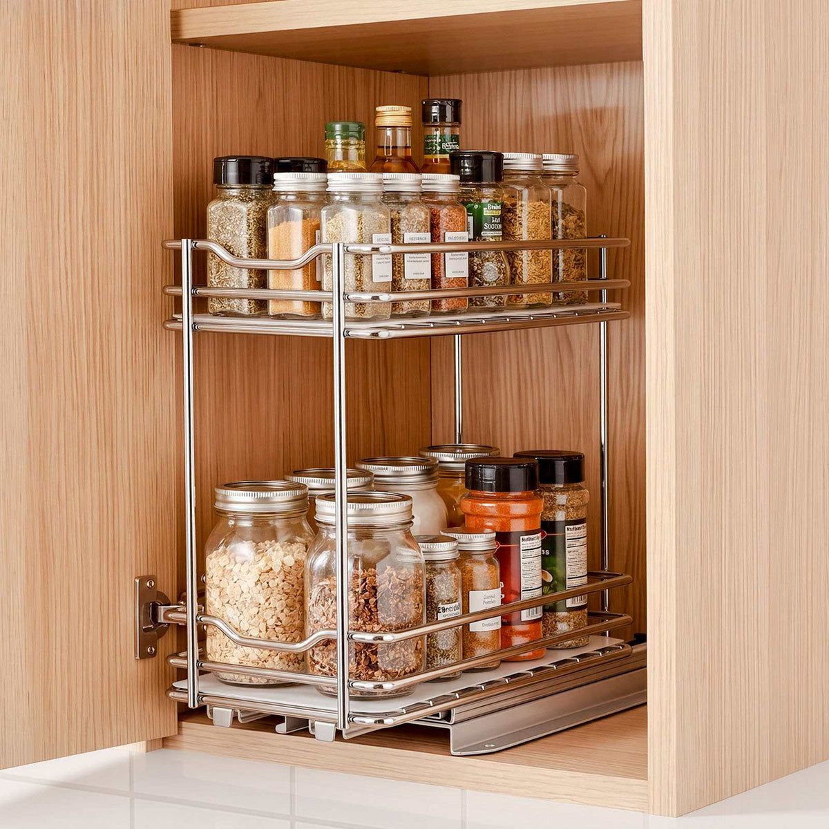 Pull Out Spice Rack Organizer for Cabinet, 2 Tier Slide Out Spice Rack Organizer, Heavy Duty Metal Seasoning Kitchen Basket for Inside Cabinets & Pantry Closet, 4.33"W x 8.46"D x 10.43"H, Silver