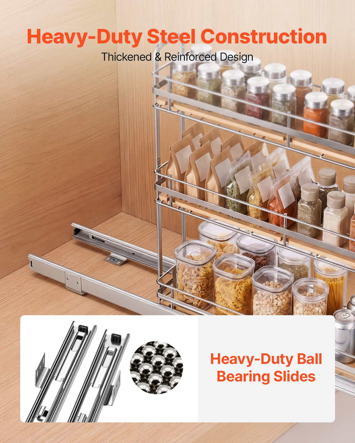 Pull Out Spice Rack Organizer for Cabinet, 3 Tier Slide Out Spice Rack Organizer, Height Adjustable Heavy Duty Metal Seasoning Kitchen Basket for Cabinets, 5.75"W x 20.98"D x 21.34"H, Silver