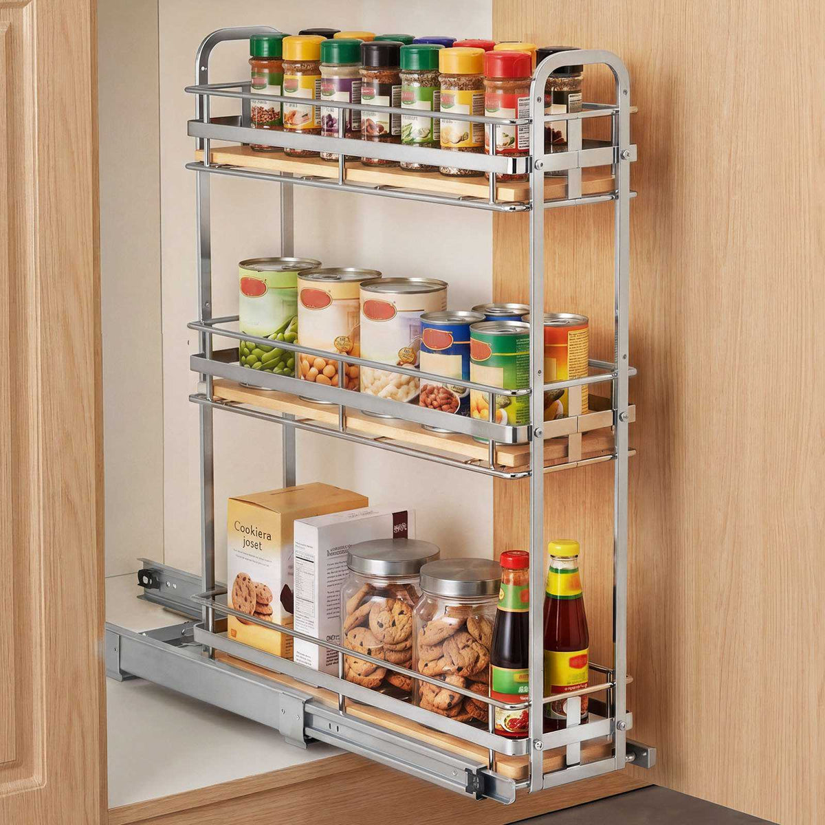 Pull Out Spice Rack Organizer for Cabinet, 3 Tier Slide Out Spice Rack Organizer, Height Adjustable Heavy Duty Metal Seasoning Kitchen Basket for Cabinets, 5.75"W x 20.98"D x 21.34"H, Silver