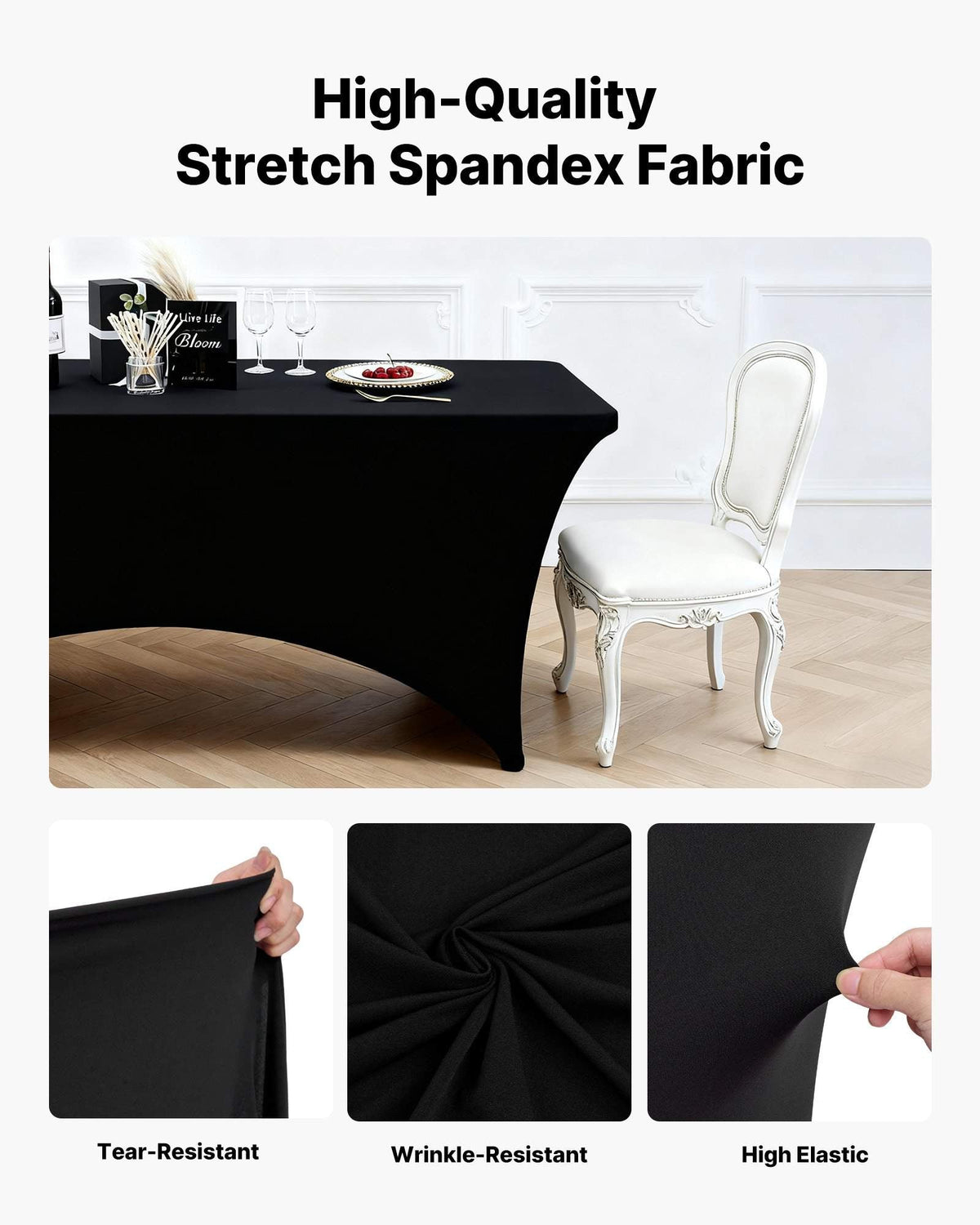 6 Pack Table Cloth for 8FT Rectangular Fitted Events, Wrinkle-Resistant Stretch Black Table Covers, Washable Spandex Tablecloth Protector, for Party, Wedding, Cocktail, Banquet, Festival