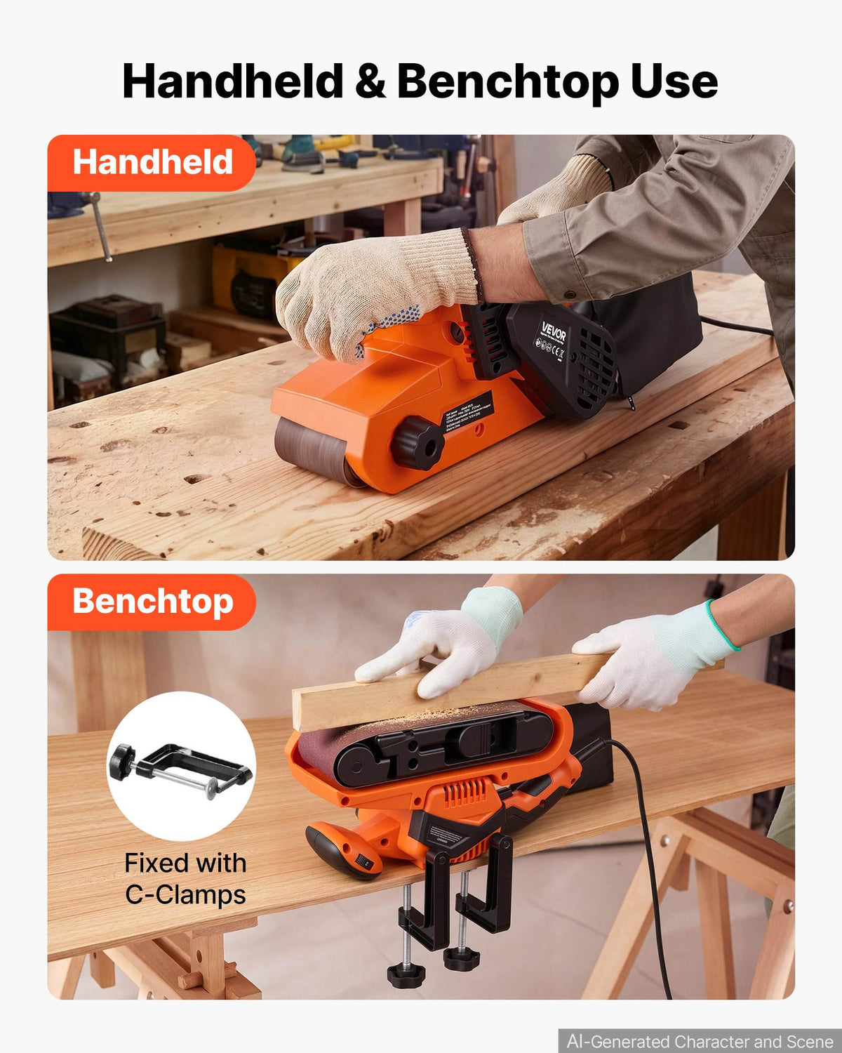 7A Belt Sander 3" x 21" Woodworking Belt Sander 6 Speeds 630-1200 FPM, 2-in-1 Handheld & Benchtop Sanding Machine with 2 Dust Bags, 10PCS Sanding Belts & 2 Clamps for Woodworking Projects