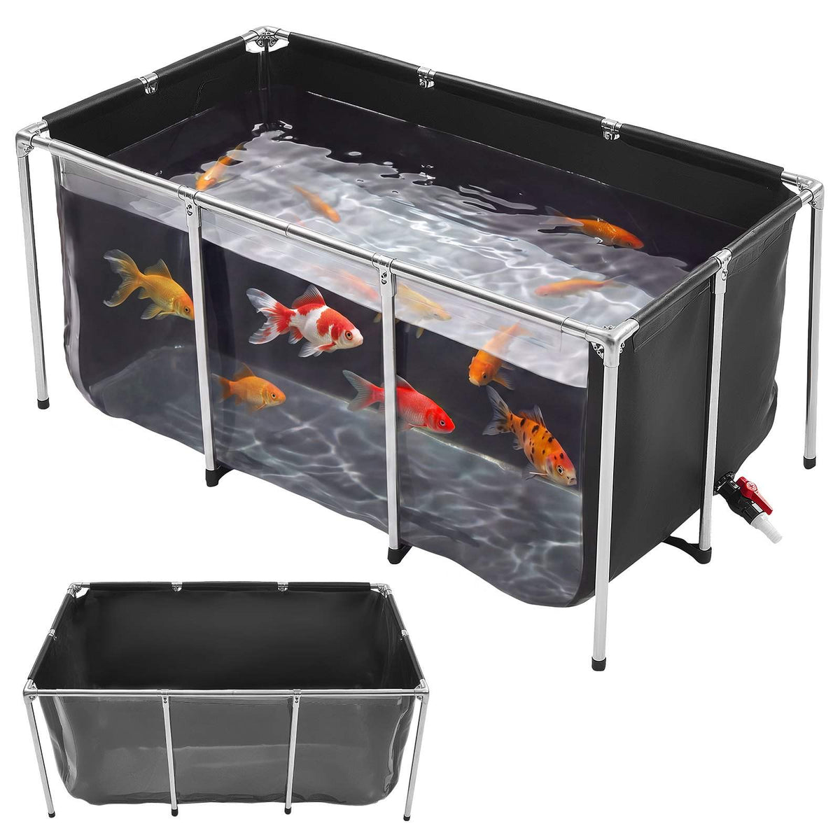 Canvas Fish Pond 200 Gal Above Ground Fish Pond Black PVC Koi Tank, Rectangular Goldfish Tank with Clear Viewing Panel, Stainless Steel Frame and Drain Valve, for Breeding Koi and Irrigation