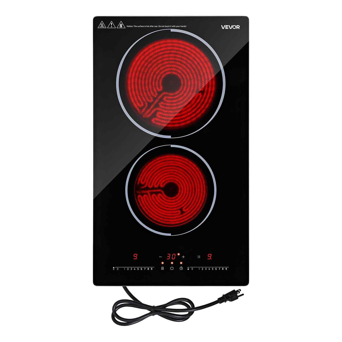 Electric Cooktop 12inch 2 Burners Portable Stove Top 1800W 120V, Ceramic Countertop/Built-in Radiant Electric Stove, with 9 Power Levels, Timer, Child Lock, Over-Heat Guard, Touch Control