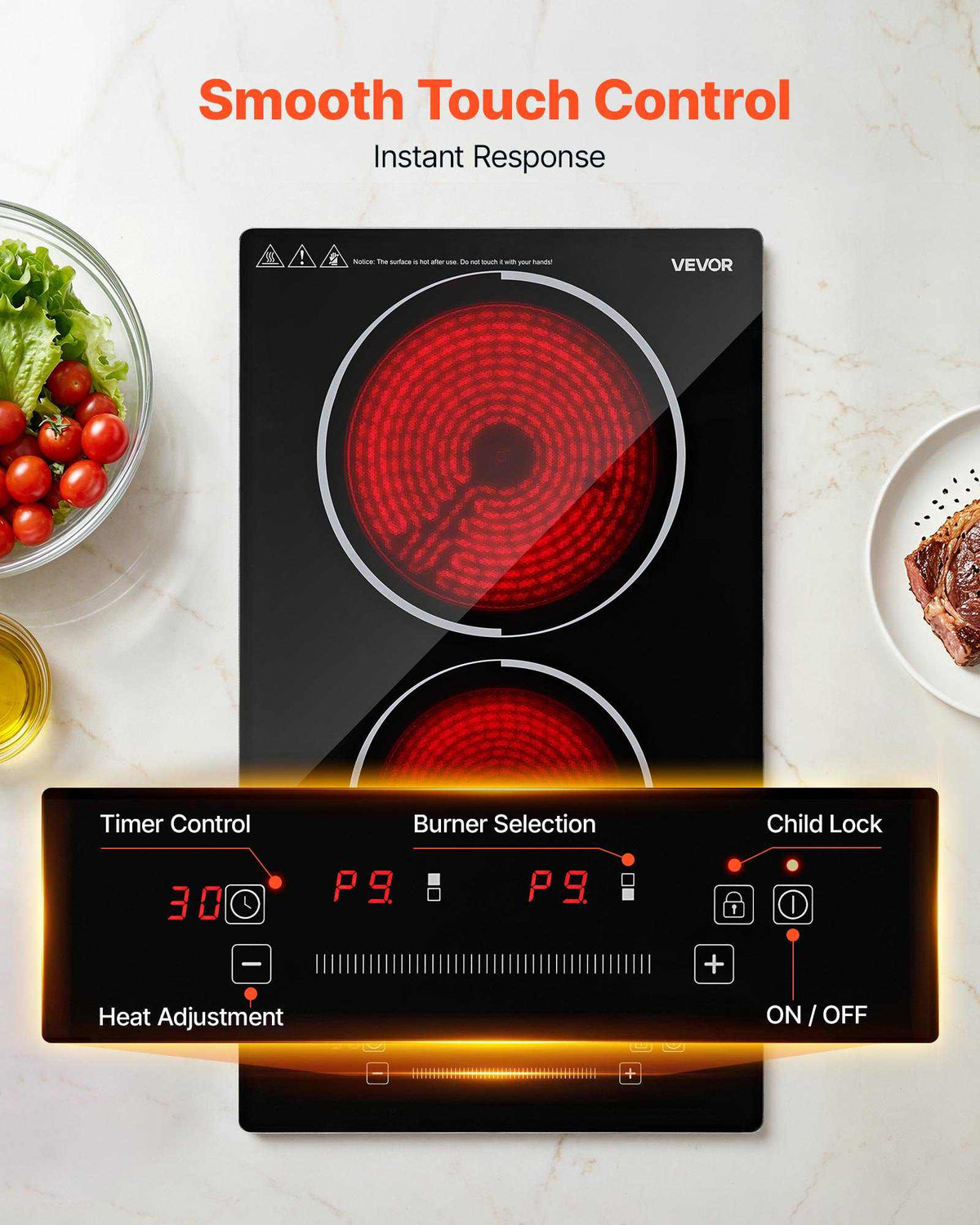 Electric Cooktop 12inch 2 Burners Portable Stove Top 1800W 120V, Ceramic Countertop/Built-in  Radiant Electric Stove, with 9 Power Levels, Timer, Child Lock, Over-Heat Guard, Touch Control