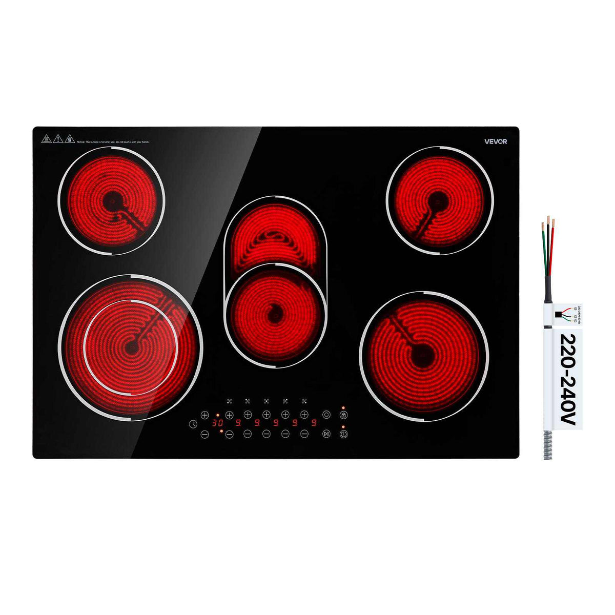 Electric Cooktop 30inch 5 Burners Stove Top 8900W 220V No Plug, Ceramic Built-in Radiant Electric Stove , with 9 Power Levels, Timer, Child Lock, Over-Heat Guard, Touch Control
