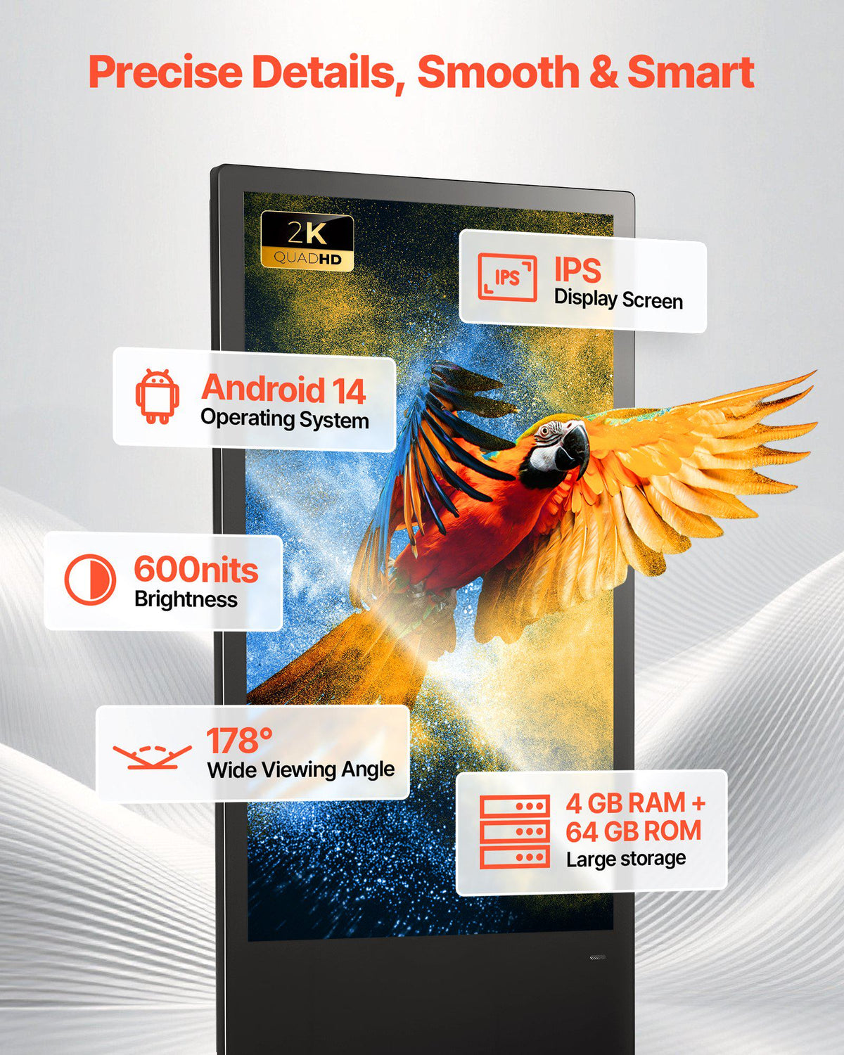 43 in Indoor Digital Signage Floor Standing Advertising Display Kiosk, with WiFi HDMI/USB Input Android OS, 178° Wide View, LCD Screen Interactive Monitor, Mobile Commercial Totem Poster