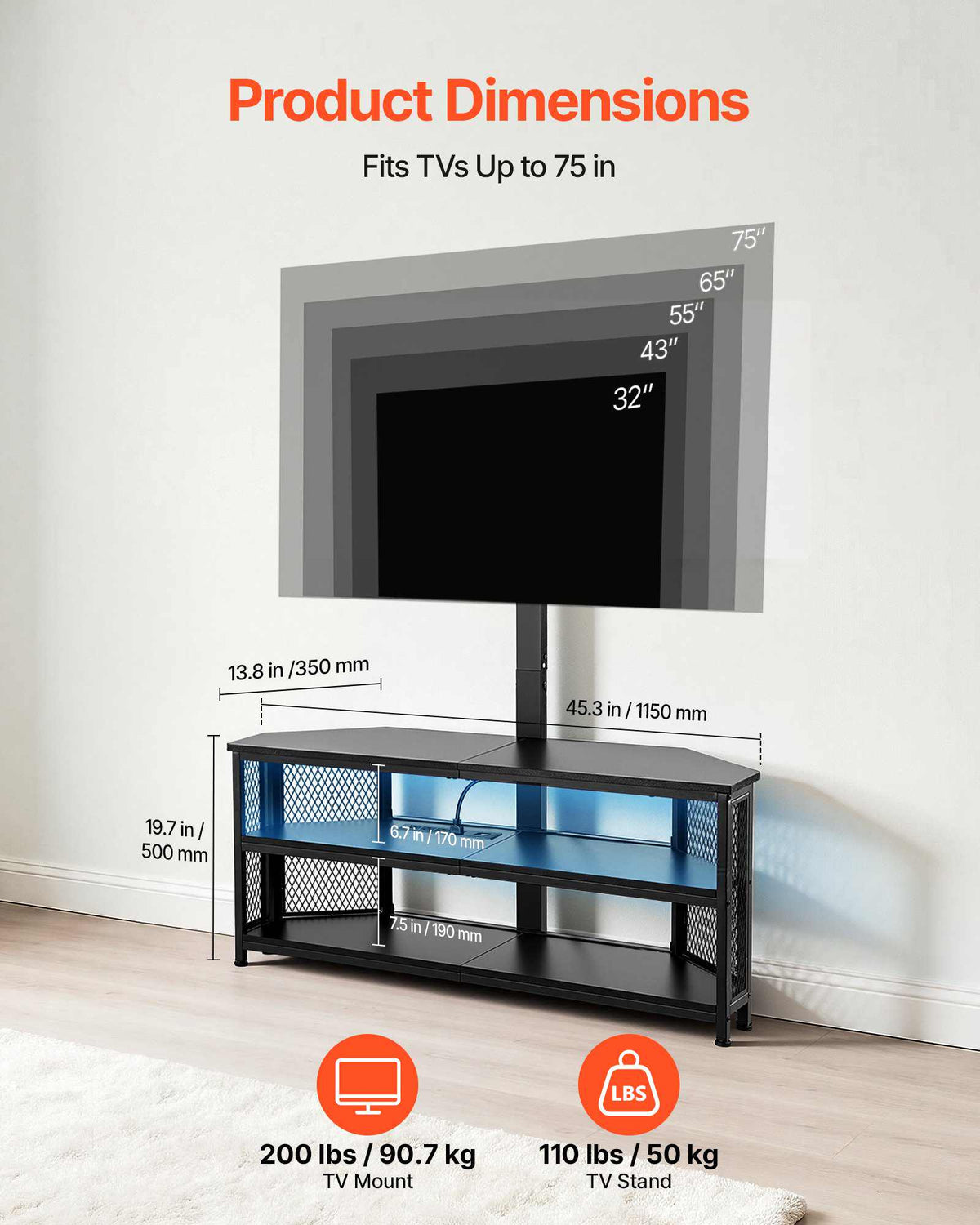 TV Stand with Mount, 45.3 Inch, Corner TV Stand Console with Power Outlet, for 32-75 Inch TVs, Height Adjustable Swivel Entertainment Center with Storage & LED Lights, for Living Room, Black