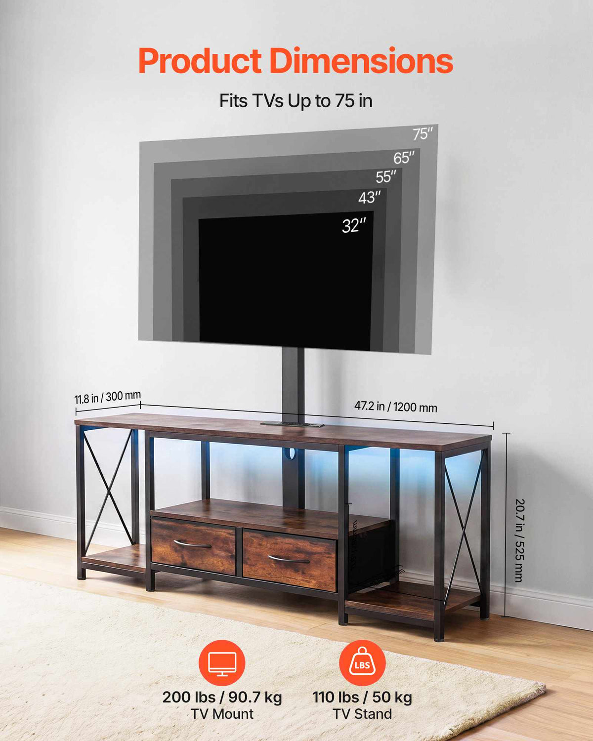 TV Stand with Mount, 47.2 Inch, TV Stand Console with Power Outlet & Storage Drawers, for 32-75 Inch TVs, Height Adjustable Entertainment Center with LED Lights, for Living Room, Rustic Brown