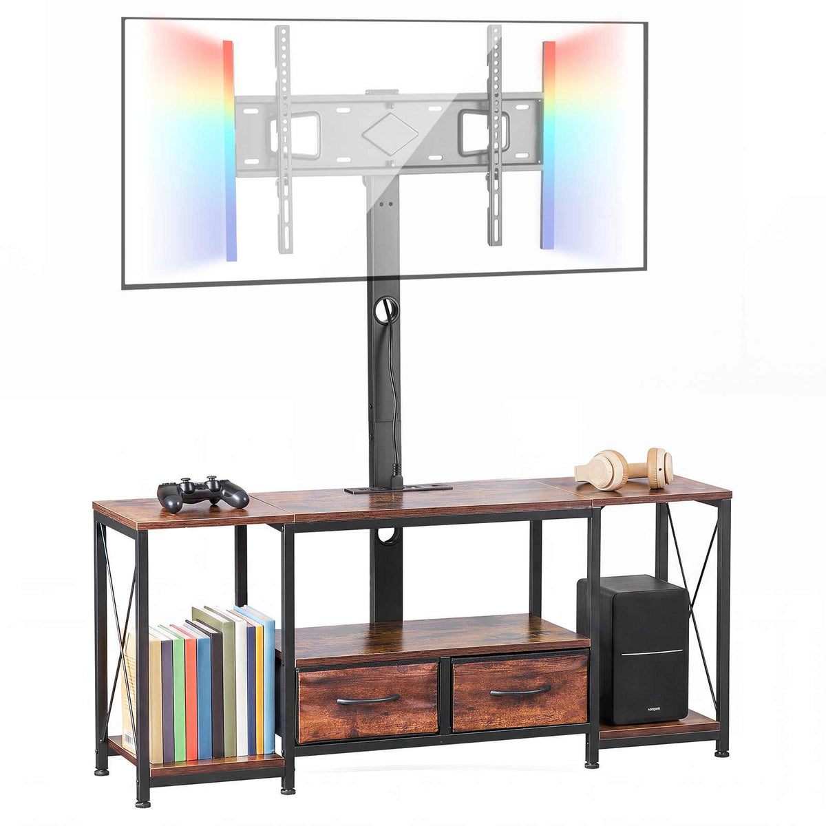 TV Stand with Mount, 47.2 Inch, TV Stand Console with Power Outlet & Storage Drawers, for 32-75 Inch TVs, Height Adjustable Entertainment Center with LED Lights, for Living Room, Rustic Brown