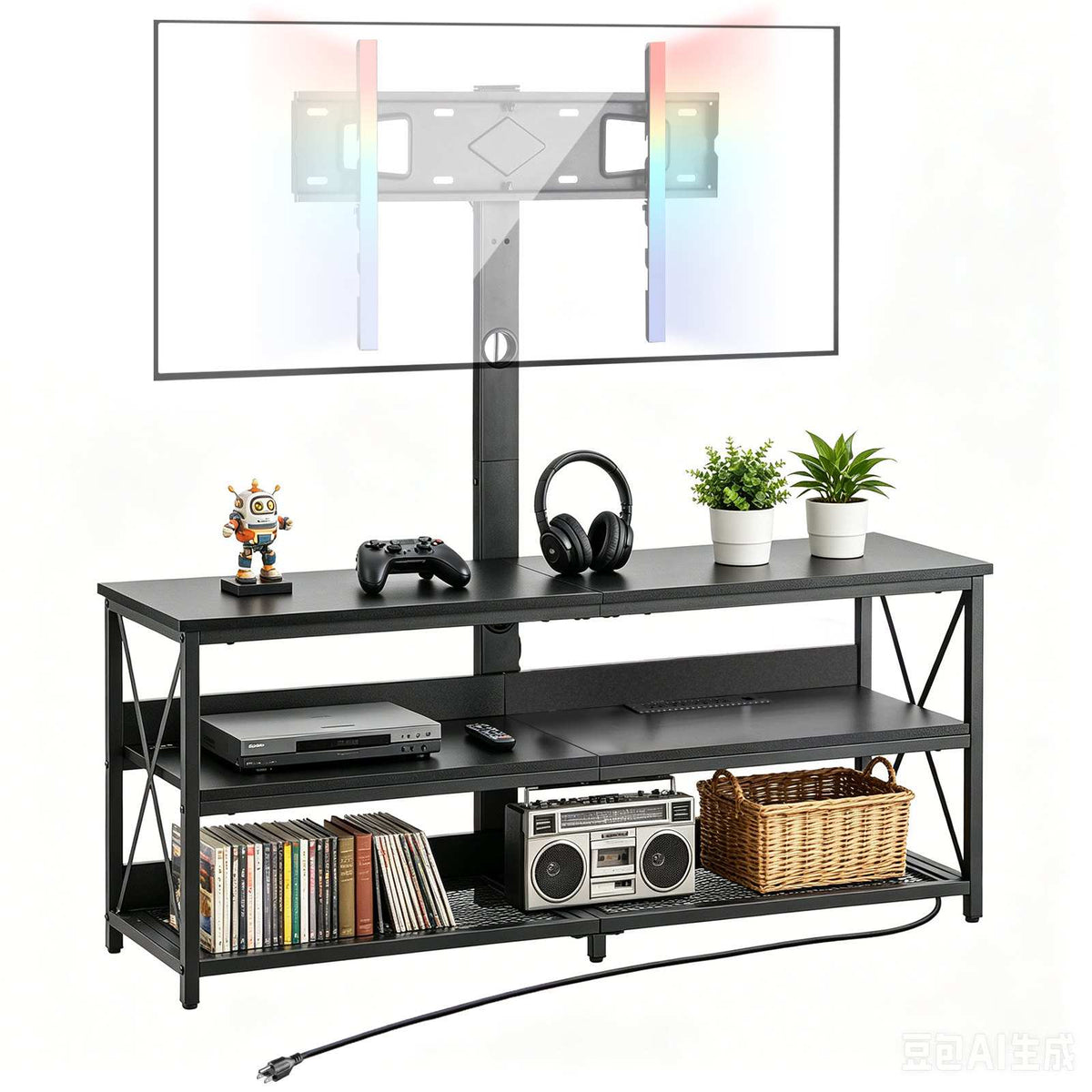 TV Stand with Mount, 47.2 Inch, TV Stand Console with Power Outlet, for 32-75 Inch TVs, Height Adjustable Swivel Entertainment Center with Open Storage Shelf, for Living Room Bedroom, Black