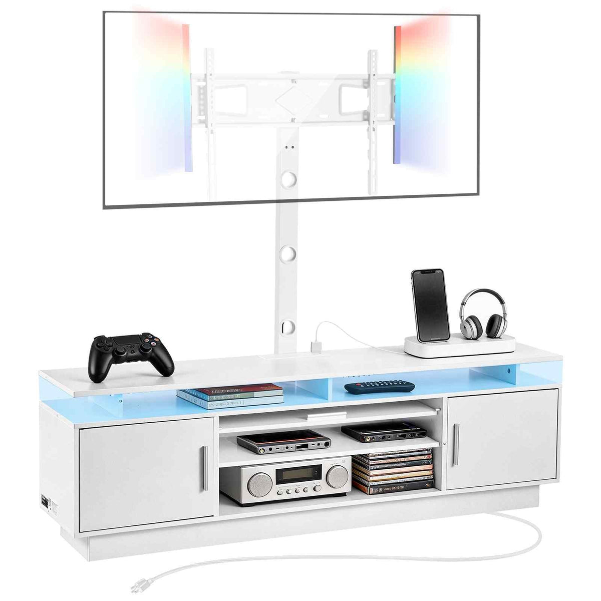 TV Stand with Mount, 59.1 Inch, Swivel TV Stand Console with Power Outlet, for 32-75 Inch TVs, Height Adjustable Modern Entertainment Center with Storage & LED Lights, for Living Room, White