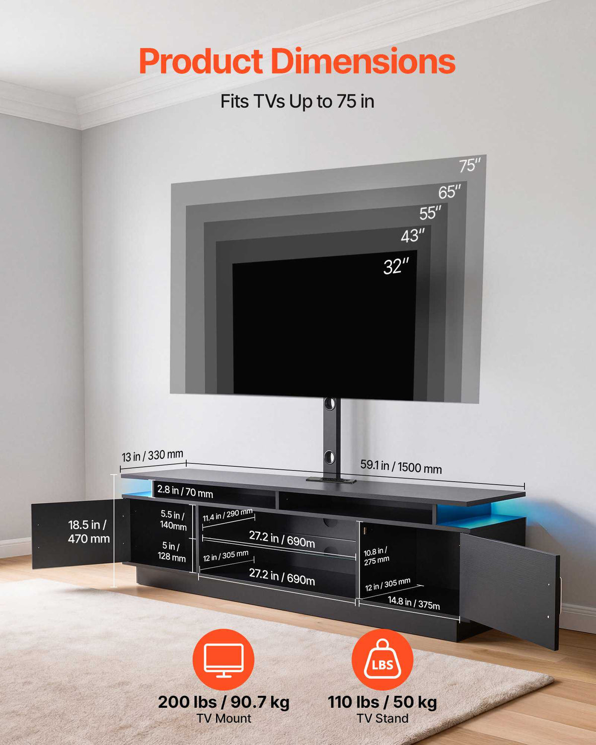 TV Stand with Mount, 59.1 Inch, Swivel TV Stand Console with Power Outlet, for 32-75 Inch TVs, Height Adjustable Modern Entertainment Center with Storage & LED Lights, for Living Room, Black
