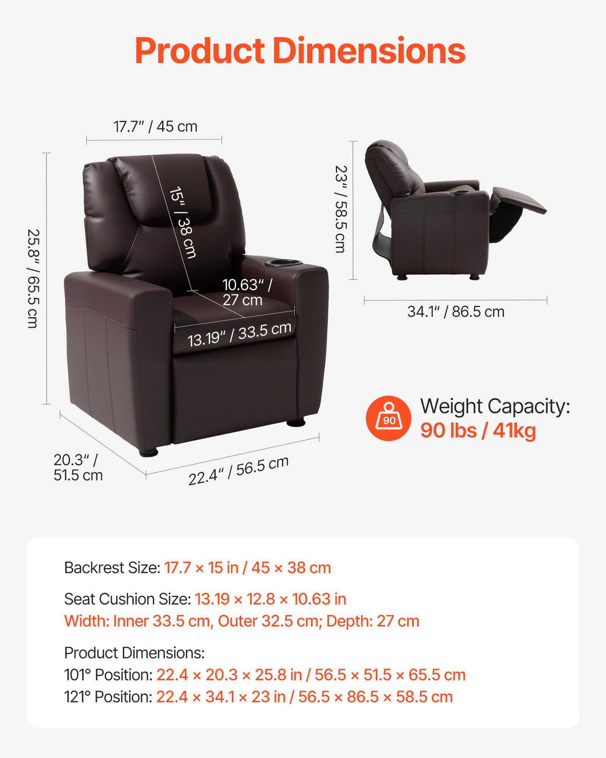 Kids Reclining Chair, Toddler Recliner with Cup Holder, 101° to 121° Adjustable Backrest, Easy-to-Clean PU Leather Recliner Couch with Footrest, 90 lbs Load, for Boys & Girls, Children (Brown)